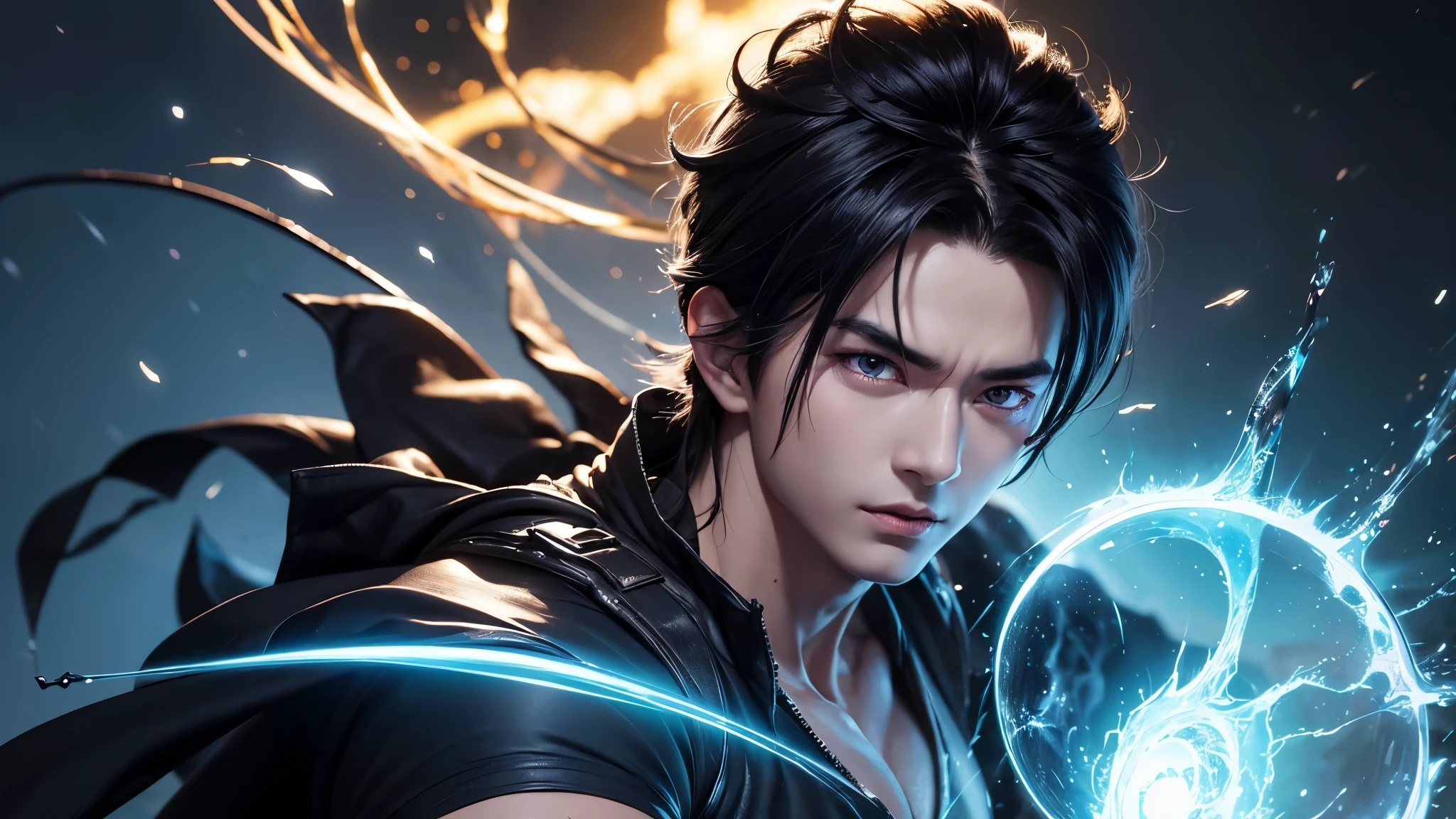 An 8k masterpiece, highest resolution, every detail, meticulous detail, depth of field, bright colors, beautiful composition: anime character Gohan impresses with his black hair and glowing eyes Beautifully detailed lighting, standing against a dark and ominous background. This handsome demon slayer is the epitome of bad guys in the fantasy art. wearing a shirt.
