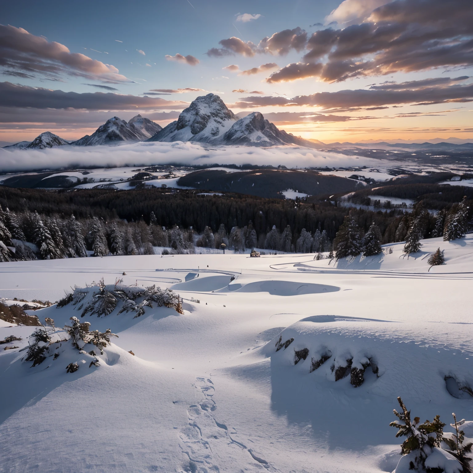 film art, concept art, masterpiece, wide-angle perspective, S-shaped composition, a picture of the mountain scenery from near to far in a cinematic vision, with distinct levels, clear high and low, distant sunset on the top of a snowy mountain, HD texture, distant layered snowy mountains, white clouds,