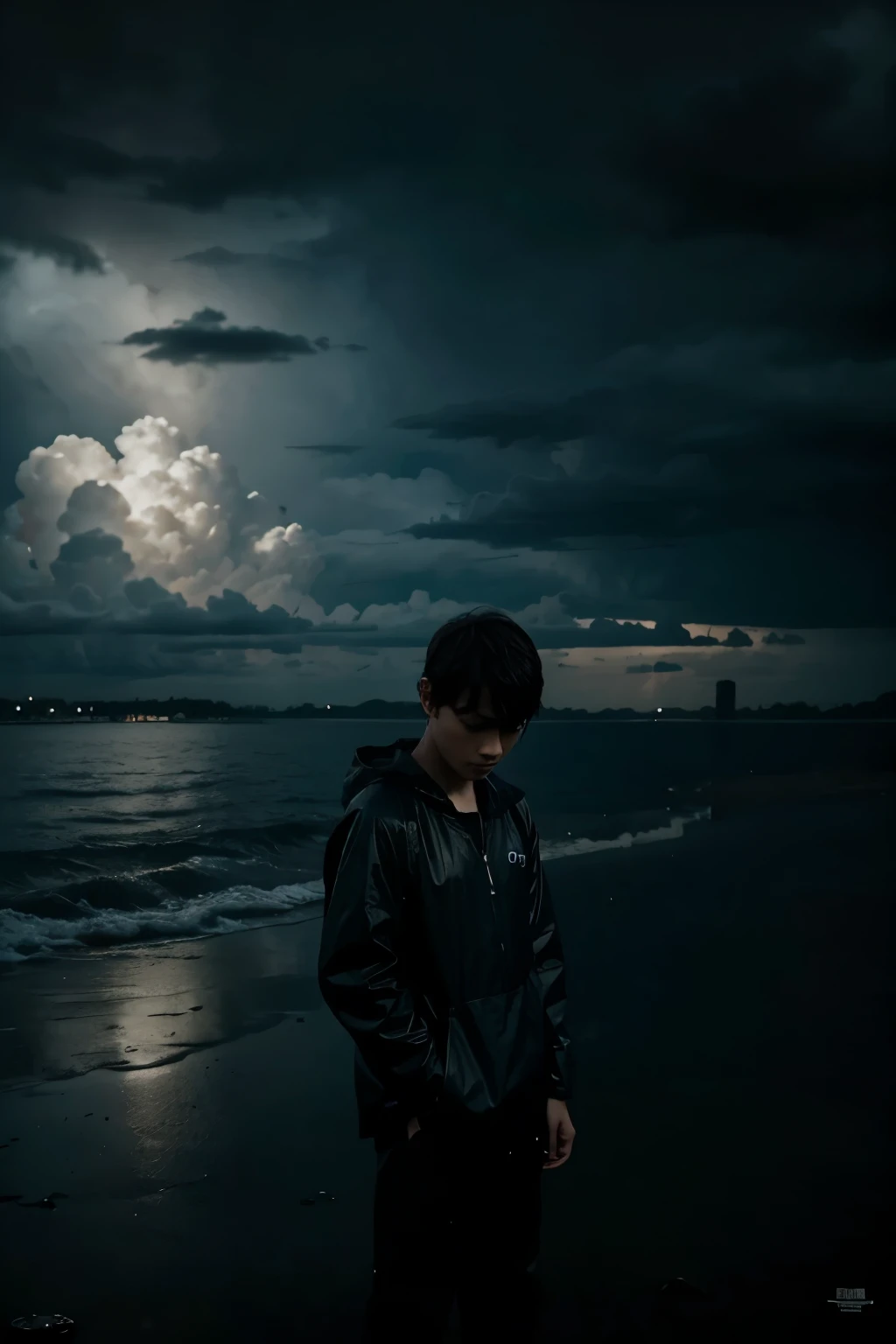 boy, raining, florest, sad, dark theme, cloudy