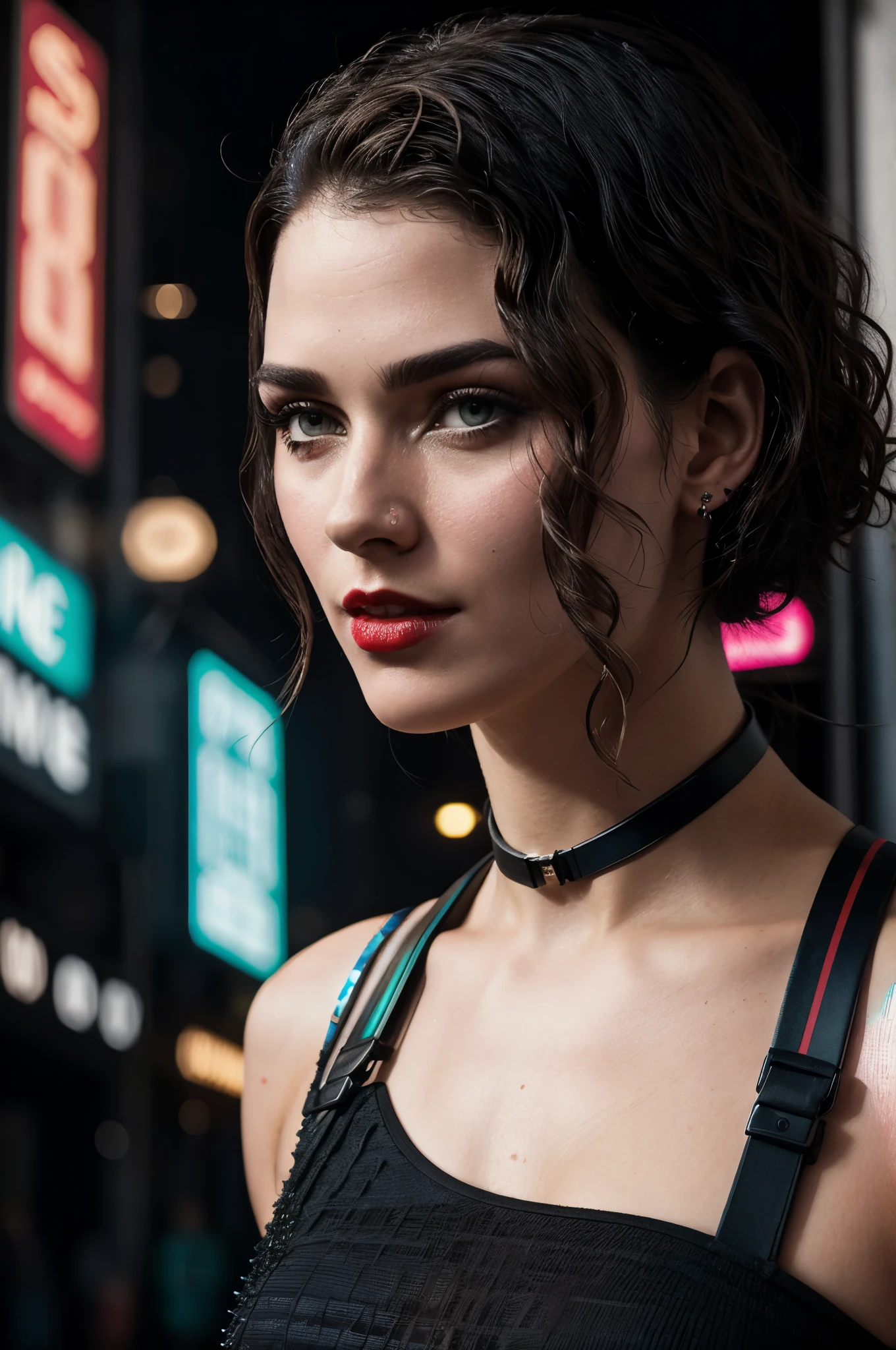 Close-up, neve, blade runner aesthetics, cena de blade runner, uma supermodelo muito bonita, louro, com quadris muito largos e cintura estreita, full lips, cintura pequena e quadris grandes, Red lipstick, com roupas cyberpunk em uma cidade cyberpunk movimentada com placas de neon, neon lights, sharp focus, Studio photo, detalhes intrincados, altamente detalhado, profundidade de campo, sharp focus, High detail, textura de pele realista, Realistic, fotorrealista, Arte Digital, tinta escura, Directed by: Greg Rutkowski