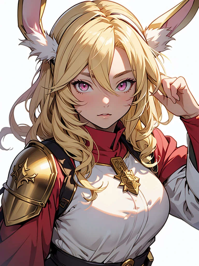 medieval anime art, masterpiece, best quality, by professional artist, female, solo, upper body portrait, detailed composition, detailed eyes, detailed hair, (((white background))), (((no background))), light blonde hair, pink eyes, bunny ears, young, wearing red and yellow mage armor, chubby, cute