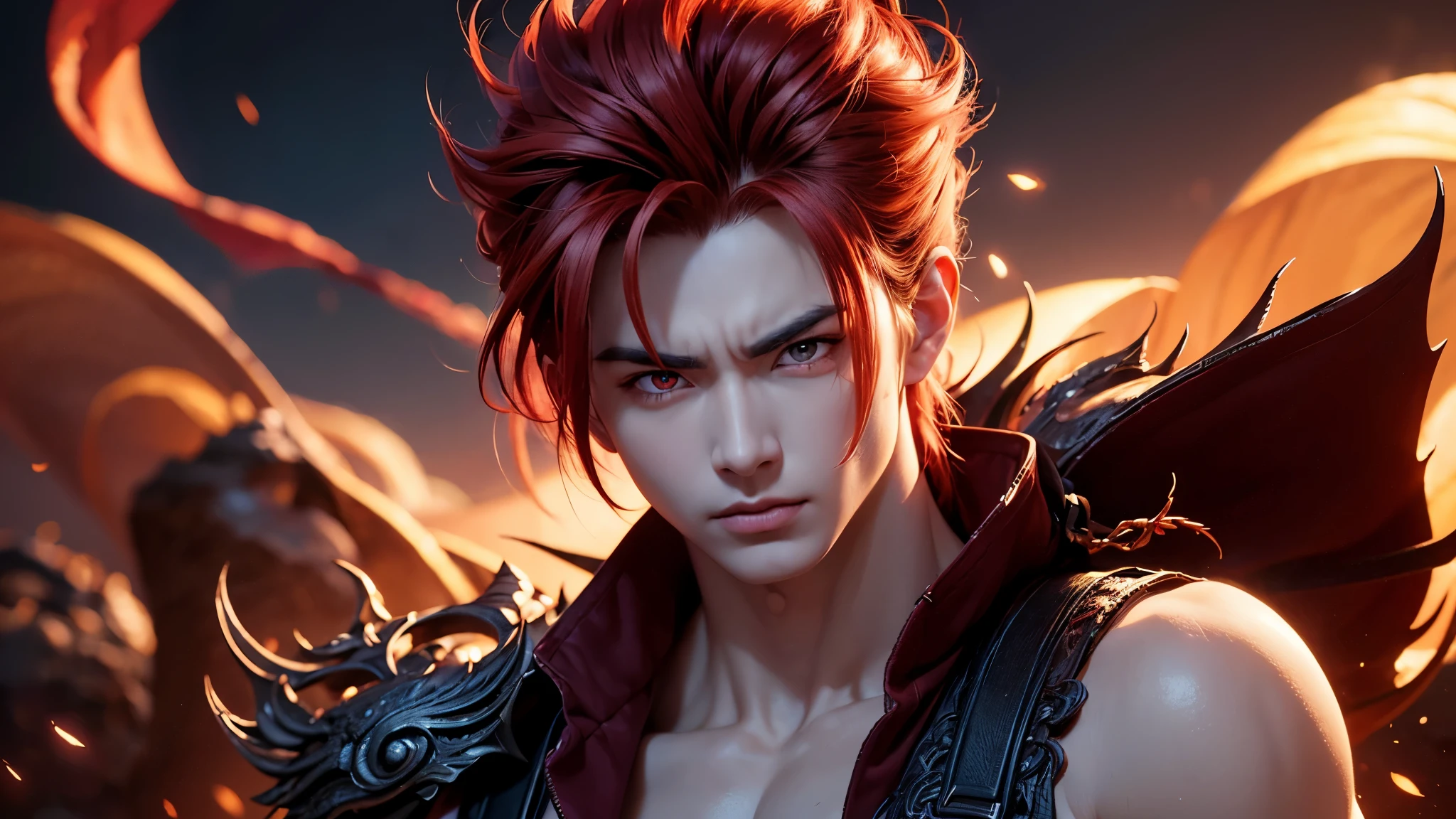 An 8k masterpiece, highest resolution, every detail, meticulous detail, depth of field, bright colors, beautiful composition: stunning take on an anime character Gohan with brilliant red hair and beautifully detailed glowing eyes, standing against a dark and ominous background. This handsome demon slayer is the epitome of bad guys in the world of fantasy art.