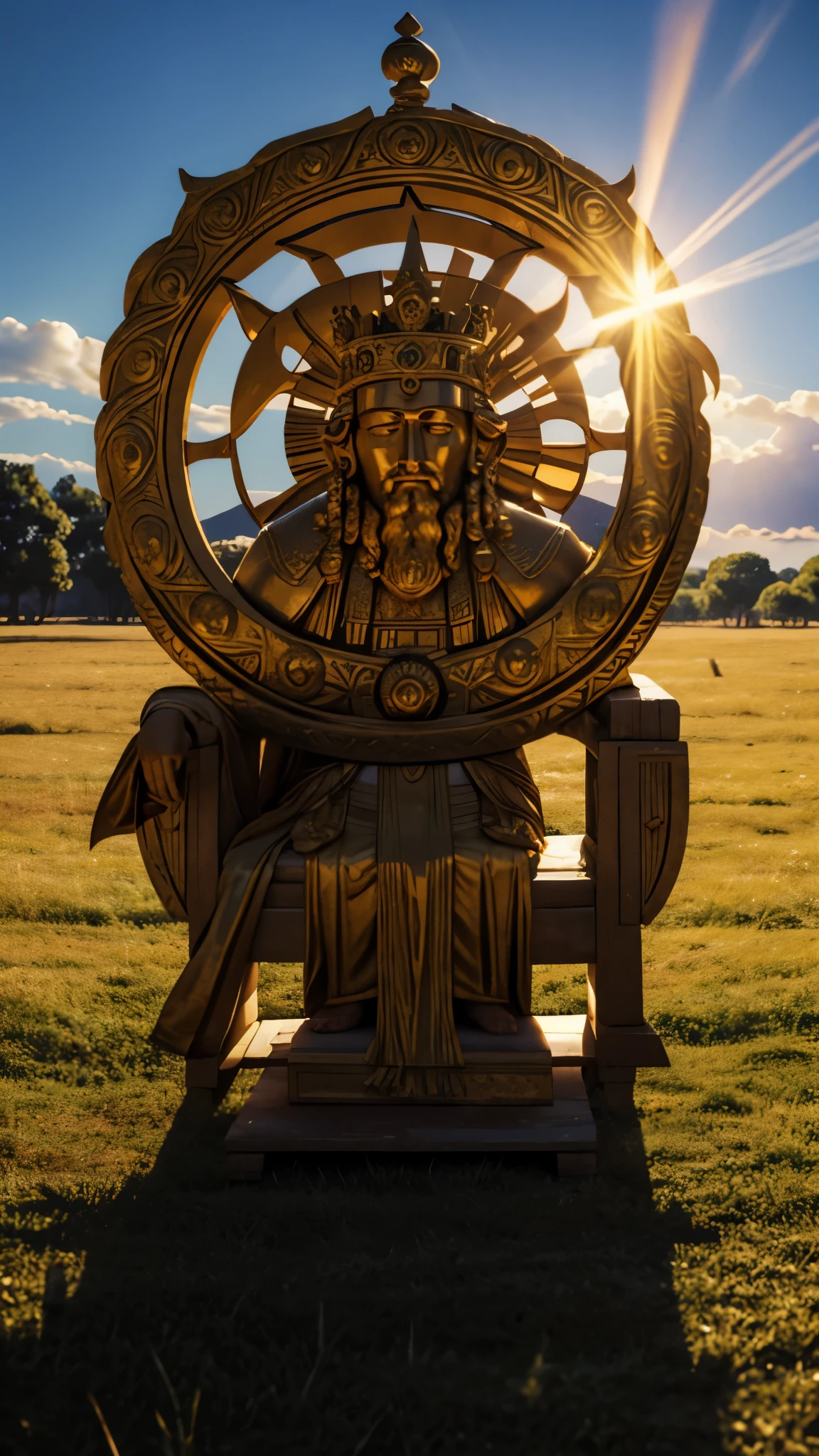 Images of ancient kings performing sun worship rituals in the middle of an open field, with dazzling sunlight in the background. 