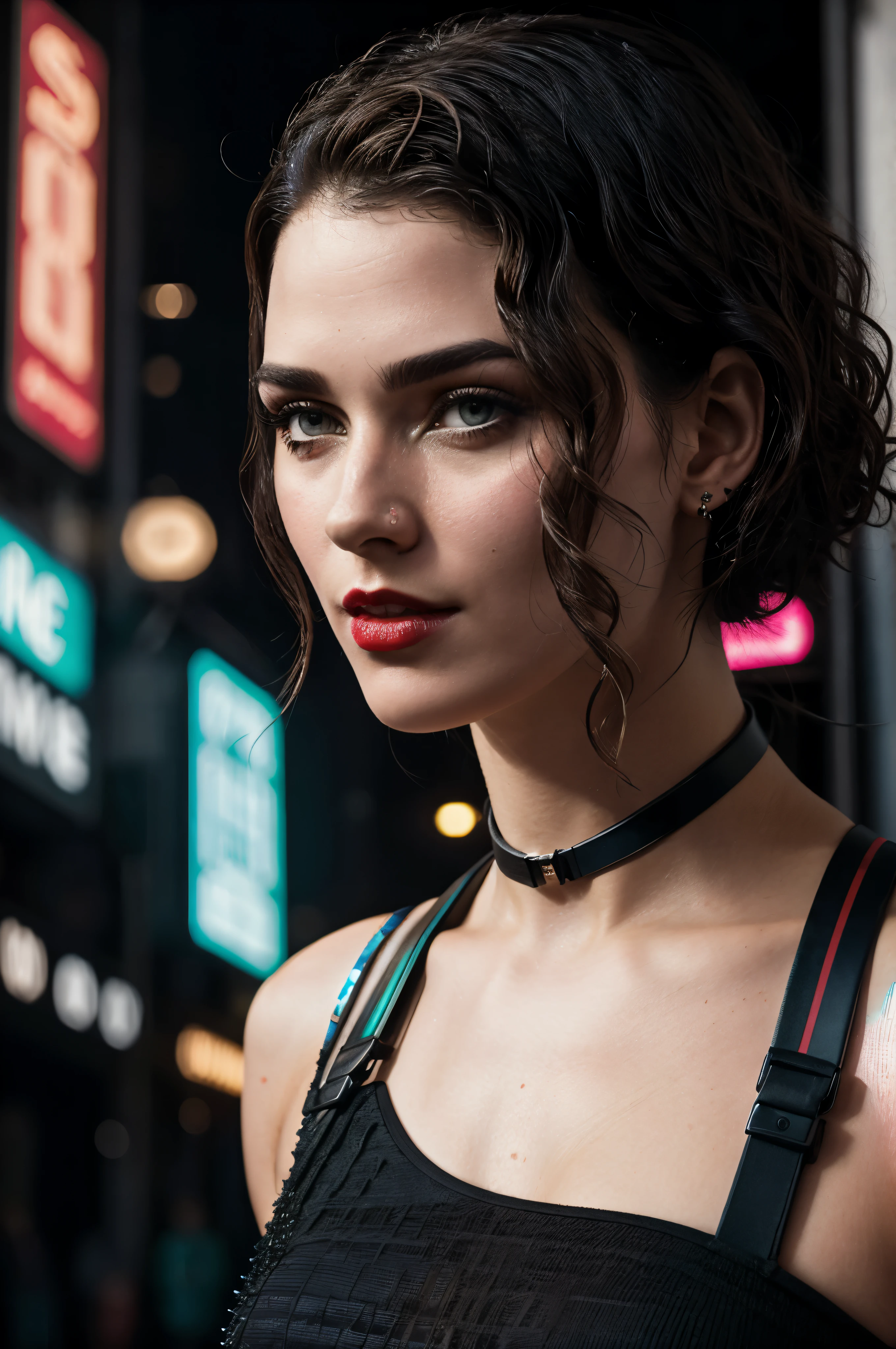 Close-up, neve, blade runner aesthetics, cena de blade runner, uma supermodelo muito bonita, louro, com quadris muito largos e cintura estreita, full lips, cintura pequena e quadris grandes, Red lipstick, com roupas cyberpunk em uma cidade cyberpunk movimentada com placas de neon, neon lights, sharp focus, Studio photo, detalhes intrincados, altamente detalhado, profundidade de campo, sharp focus, High detail, textura de pele realista, Realistic, fotorrealista, Arte Digital, tinta escura, Directed by: Greg Rutkowski