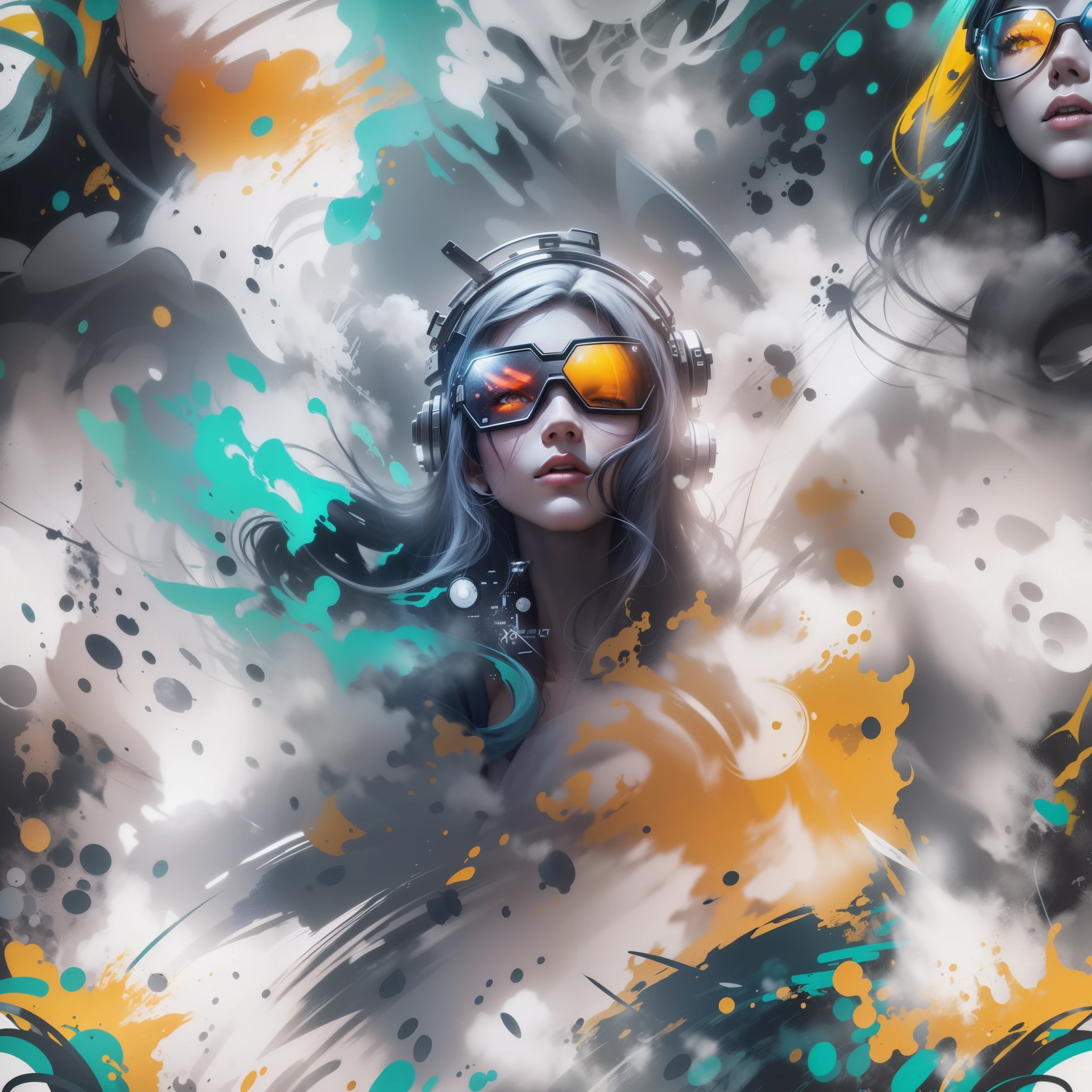 Graphic design t-shirt, plain design, Rostro de dos mujeres ciberpunk futuristas en mezcla de tonos, tonos coloridos, Limpieza muy detallada, imagen vectorial, professional photography, smoke explosion, fondo sencillo, flat Fondo blanco, vector brillante ((Fondo blanco) )