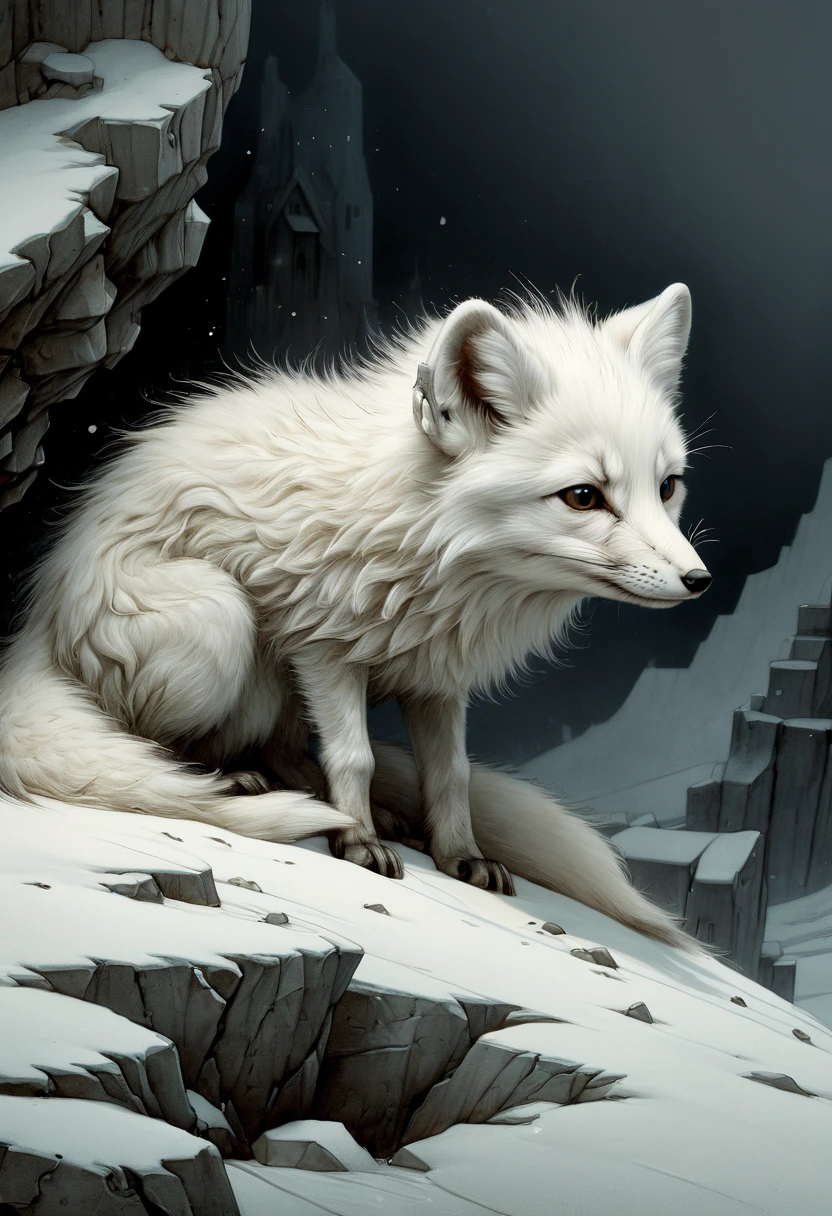 by Jean-Baptiste Monge, white arctic fox, (best quality, masterpiece, Representative work, official art, Professional, Ultra intricate detailed, 8k:1.3)