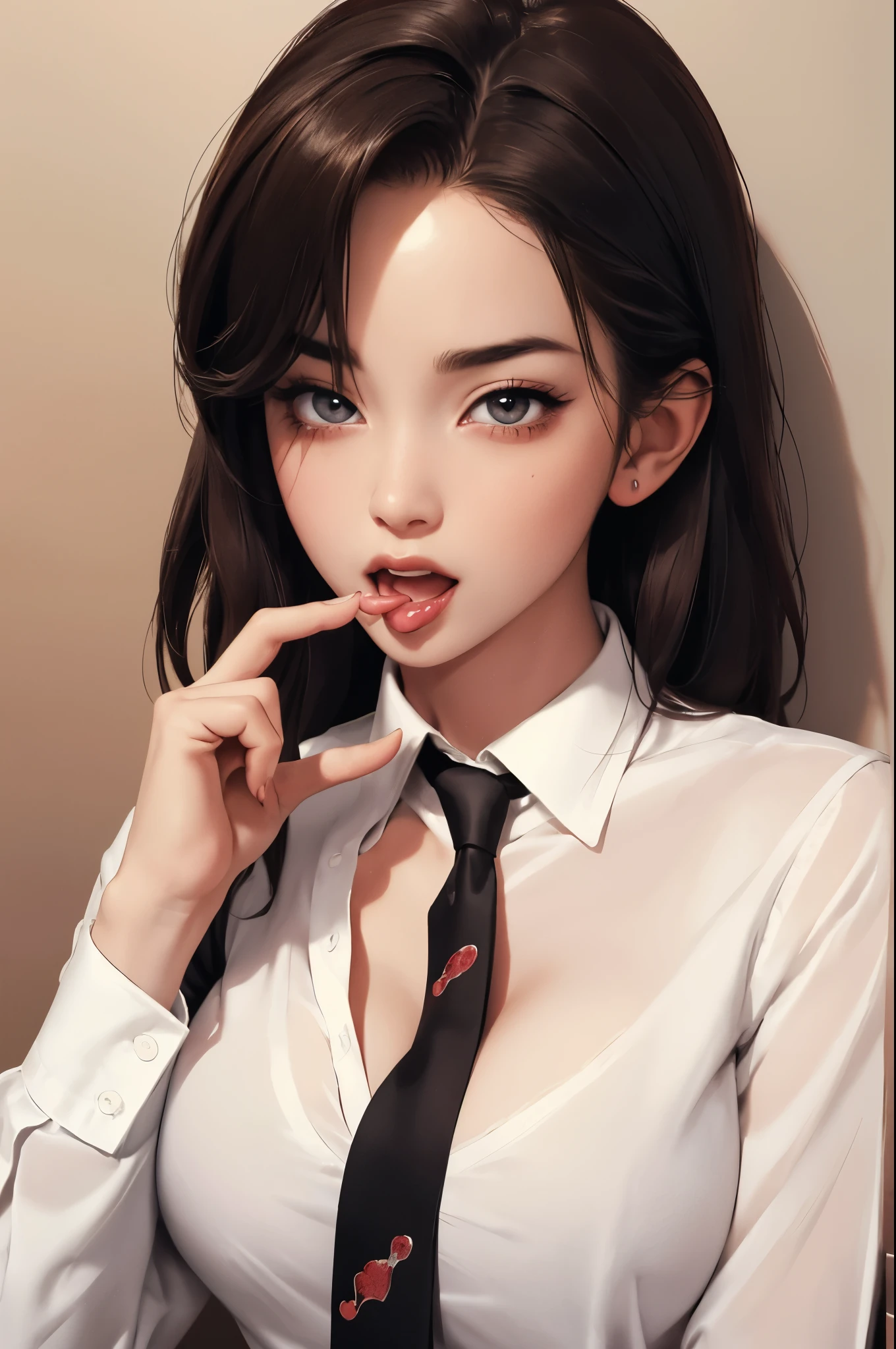 heart-shaped pupils,(sfw), (masterpiece:1.2), best quality, masterpiece, highres, original, extremely detailed wallpaper, (ultra-detailed), (best illustration), (best shadow), (Kobeni), big breasts, perky breasts, (white collared shirt), (blood stain:1.1), (horrified:1.2), (black necktie), (shirt stain), (stained), 1girl, looking at viewer, (scared:1.2), (tears:1.1), (brown eyes), (peace sign),tongue out, tongue, heart-shaped pupils