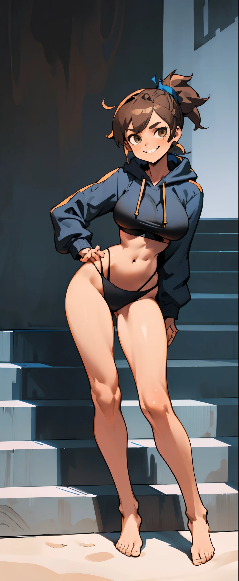 1 woman, light brown ponytail , sly face , smile , black bikini , Blue Hoodie , abdomen, big breasts, Long legs , stand on your hips... , Barefoot , full body , stairs
