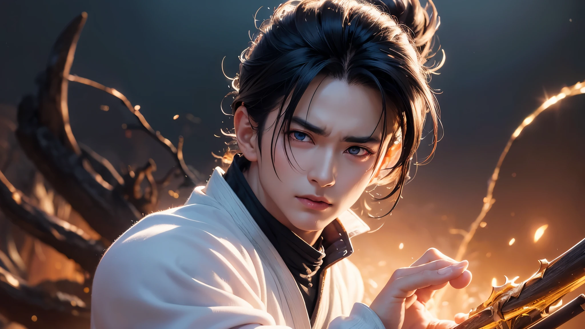 An 8k masterpiece, highest resolution, every detail, meticulous detail, depth of field, bright colors, beautiful composition: anime character Gohan impresses with his black hair and glowing eyes Beautifully detailed lighting, standing against a dark and ominous background. This handsome demon slayer is the epitome of bad guys in the fantasy art. wearing a shirt.