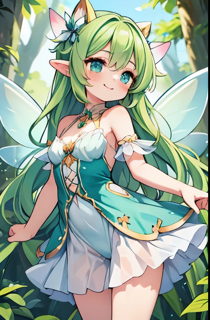 1 fairy girl, 18 years old, long green hair, blue eyes, normal breasts size, freckles on face, fairy wings, (dressed in a sexy fairy outfit:1.2), flying, cute, kawaii, smiling with pleasure expressiom, on a beautifull forest,