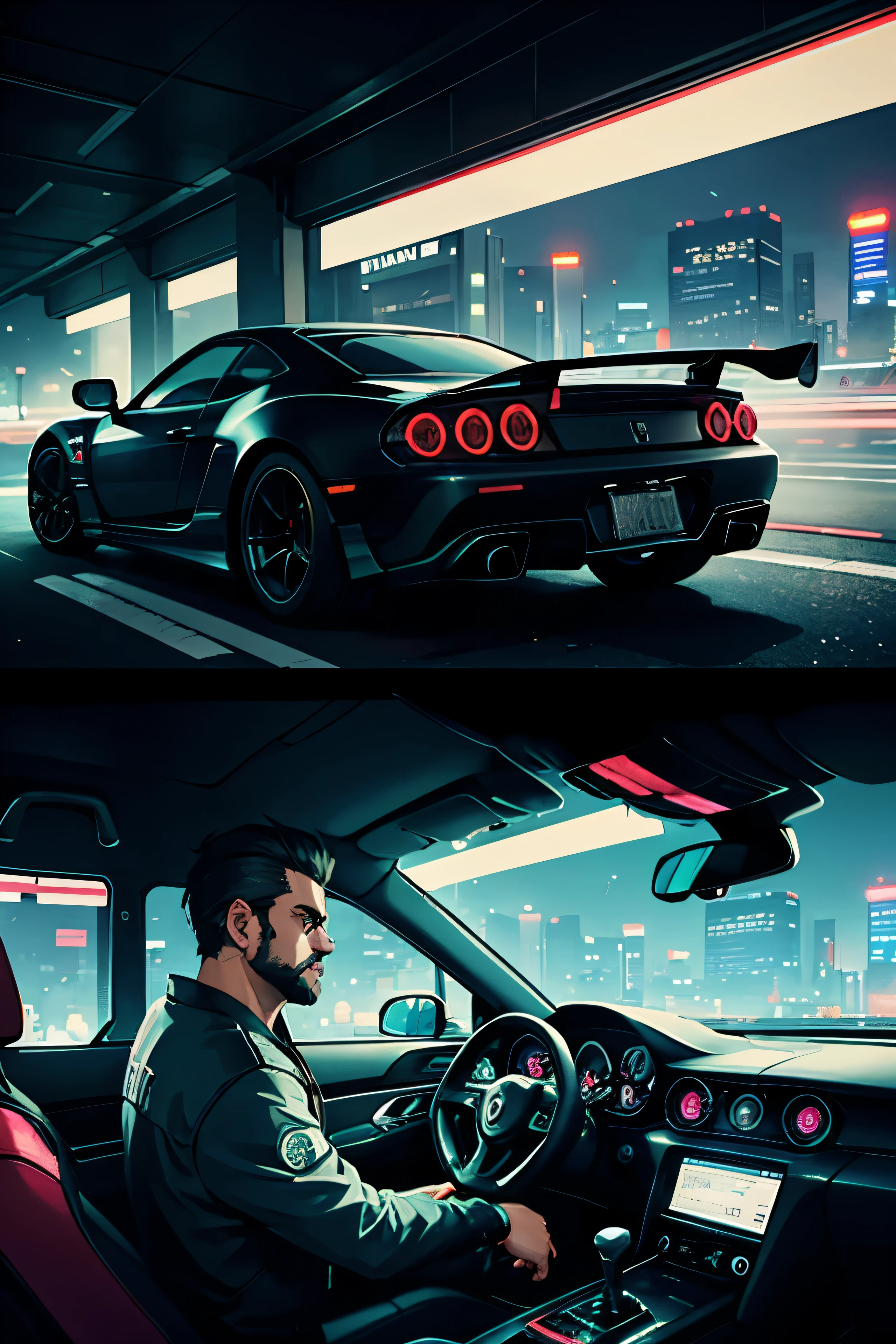 estilo grand theft auto, motorista em carro esporte, Vista lateral, cabelo e barba curta com estilo, Tokyo street with neon lights, ambiente de grande escala, Rich in technological details, retroonda, Desenhos fotorrealistas