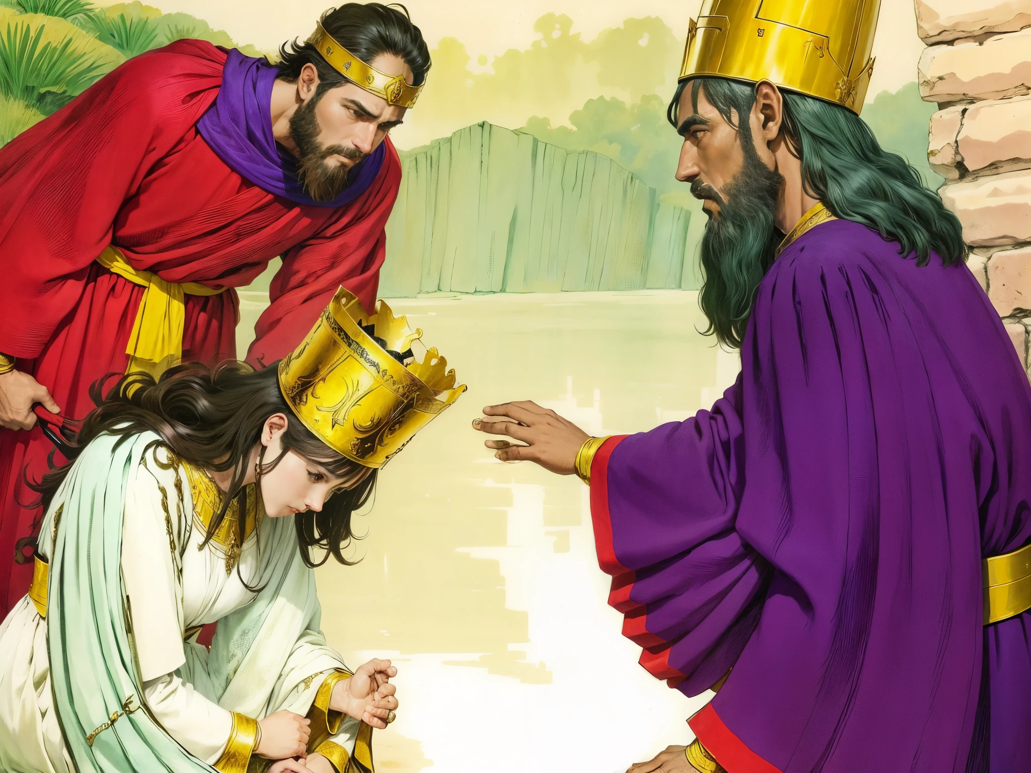 There's a king standing. There is a woman kneeling. There's a man kneeling. Biblical costumes. Biblical setting. biblical style. Estilo historia em quadrinhos. Estilo anime.