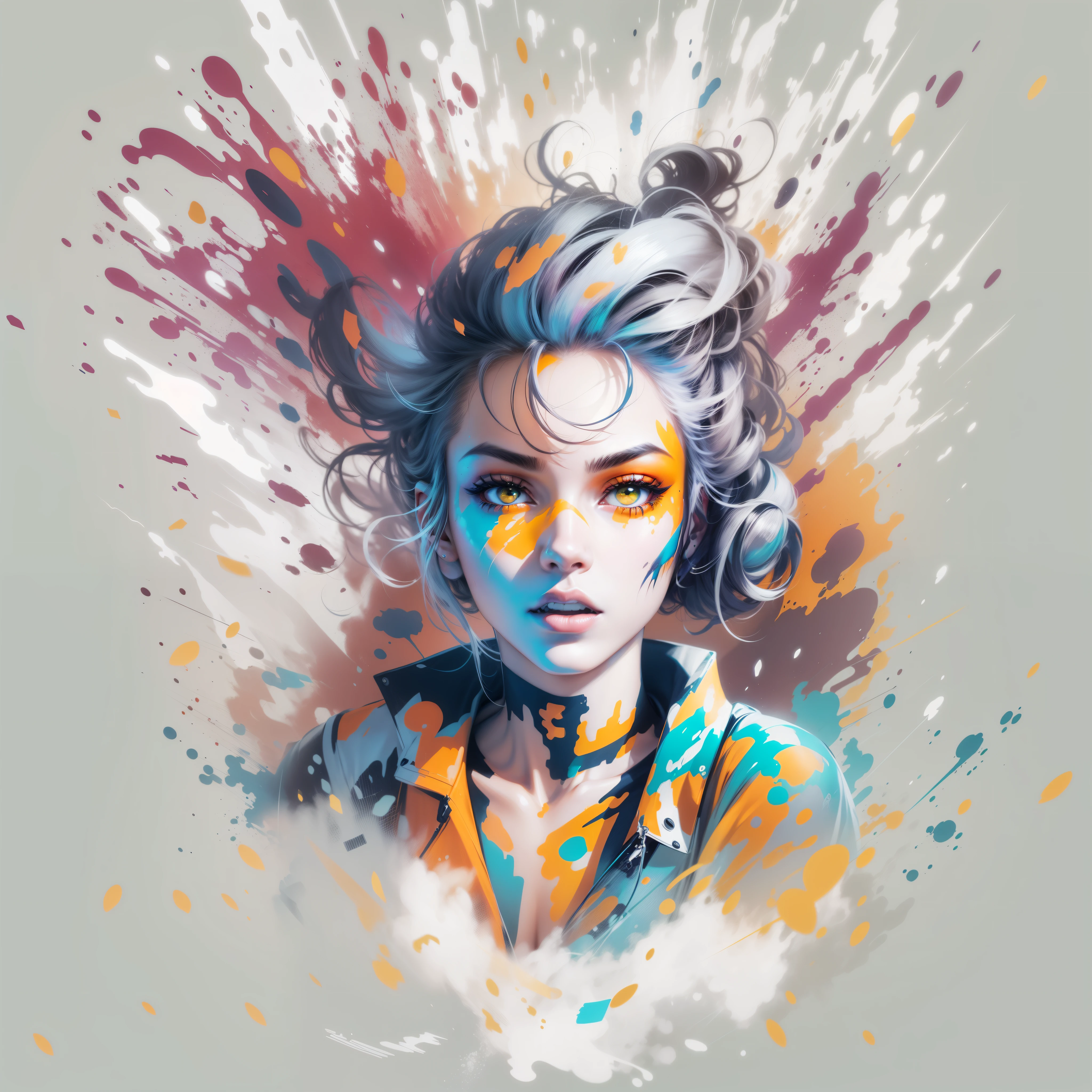 Graphic design t-shirt, Simple design, Rostro de dos mujeres ciberpunk futuristas en mezcla de tonos, tonos coloridos, Limpieza muy detallada, imagen vectorial, professional photography, smoke explosion, fondo sencillo, flat Fondo blanco, vector brillante ((Fondo blanco) )