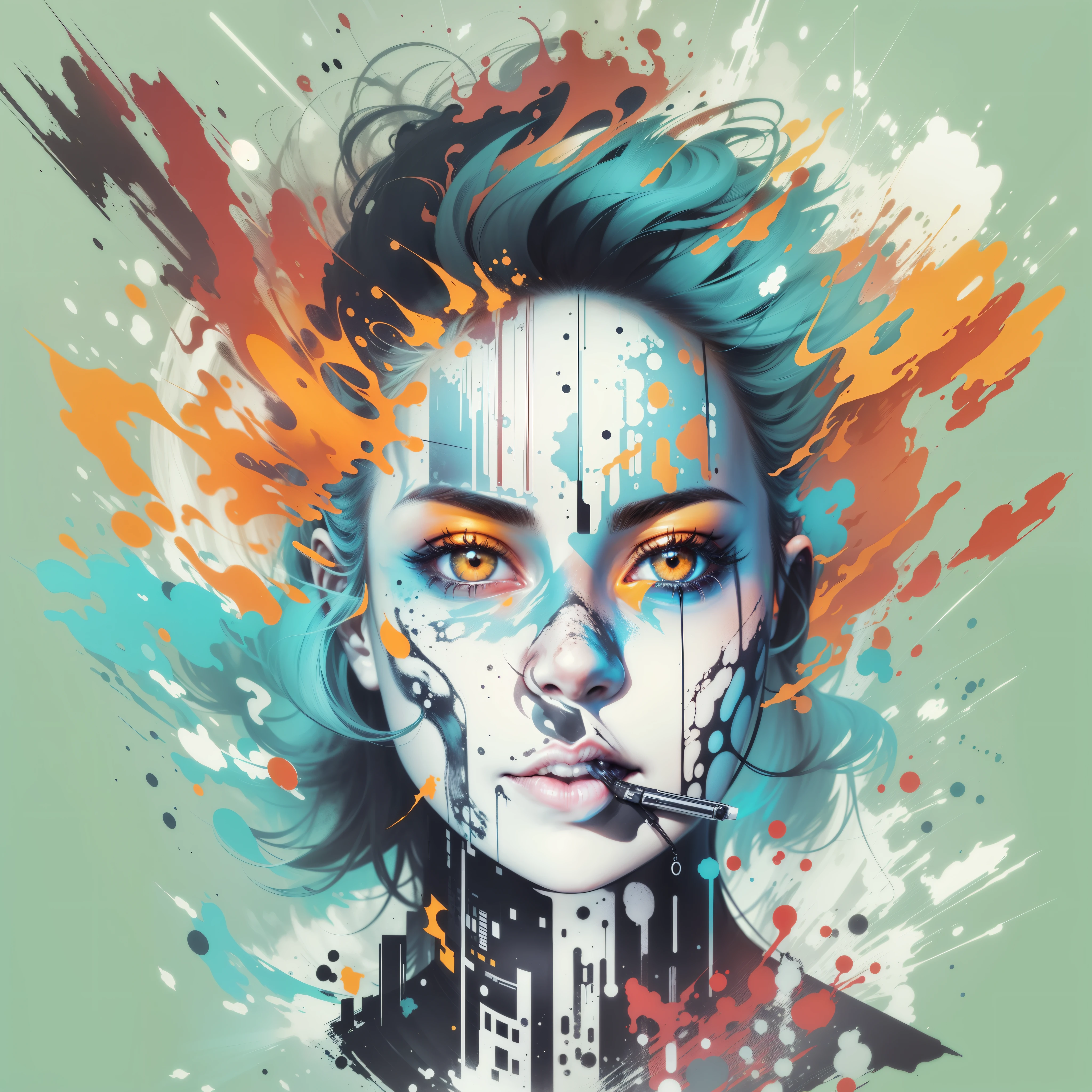 Graphic design t-shirt, Simple design, Rostro de dos mujeres ciberpunk futuristas en mezcla de tonos, tonos coloridos, Limpieza muy detallada, imagen vectorial, professional photography, smoke explosion, fondo sencillo, flat Fondo blanco, vector brillante ((Fondo blanco) )