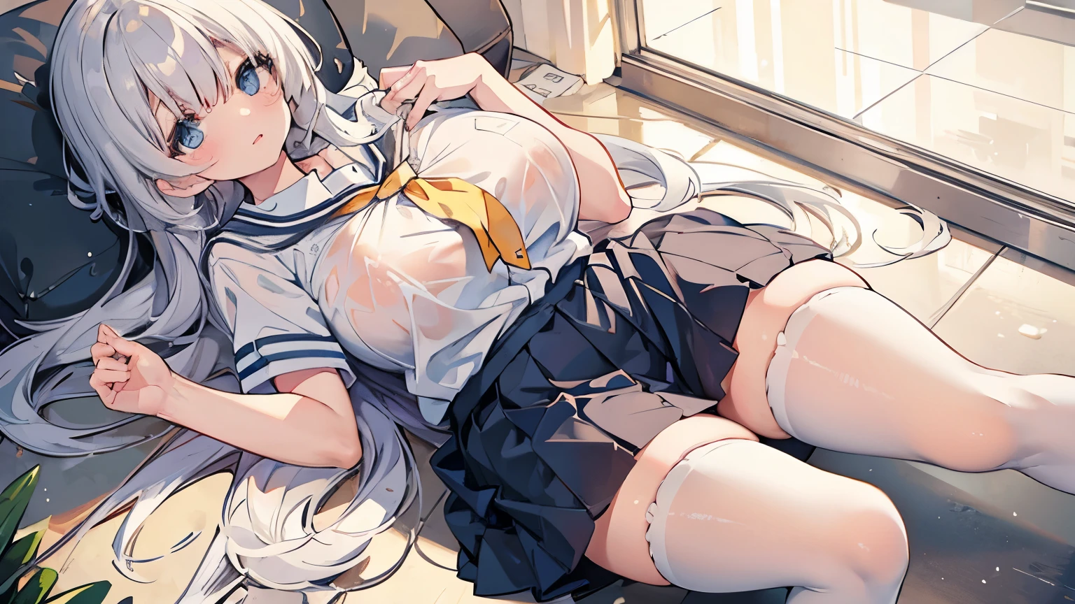 huge breasts,white stockings,school uniforms,wet