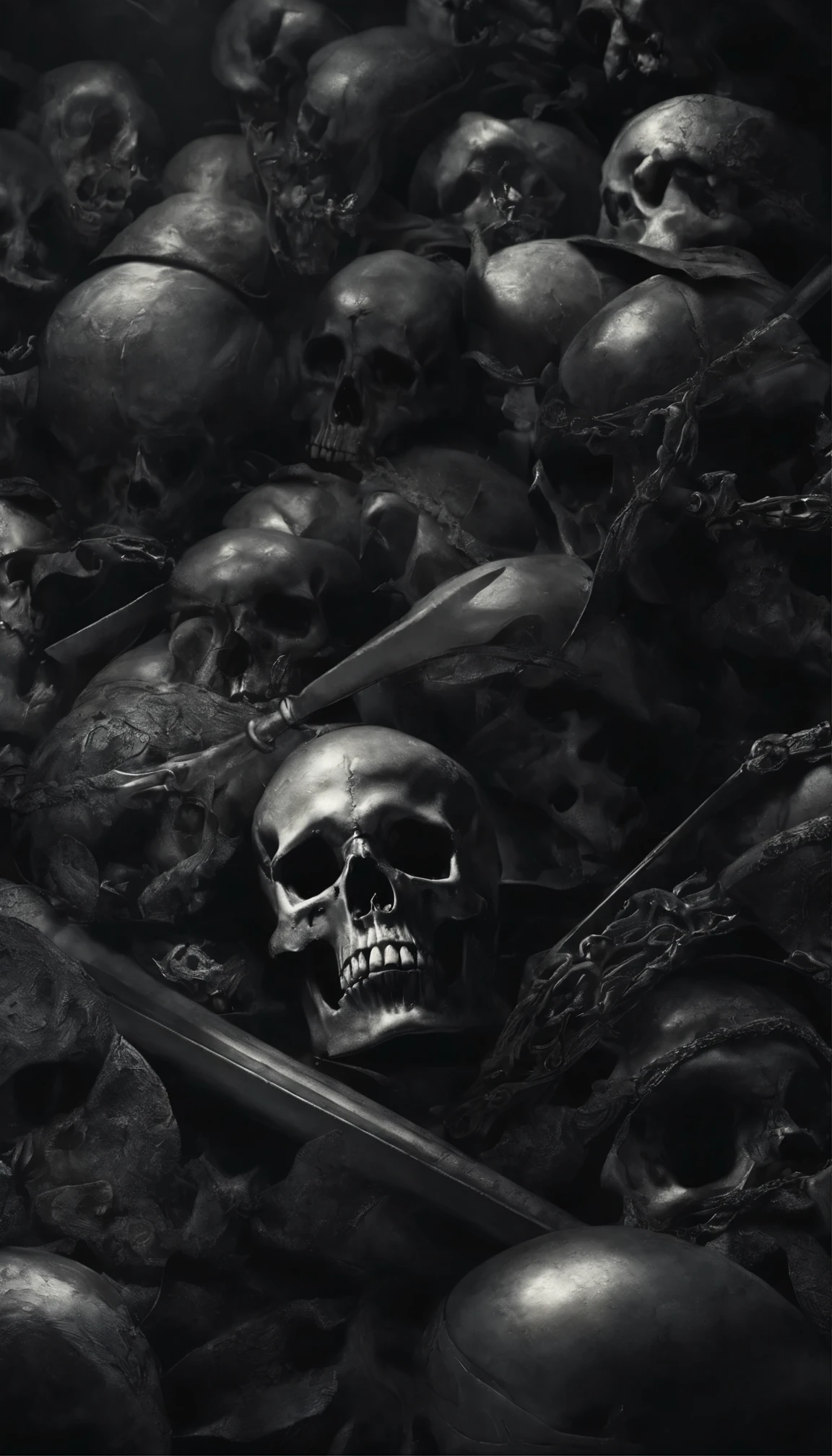 (best quality,4k,8k,highres,masterpiece:1.2), ultra-detailed, (realistic,photorealistic,photo-realistic:1.37), horror, dark, eerie, Gothic, Skull, lord of skulls, metal, hard metal, drawing, fine line, many small skulls, hell, more entities, scythe, medival armor, dimly lit, haunting, shadows, black and white contrast, dramatic lighting
