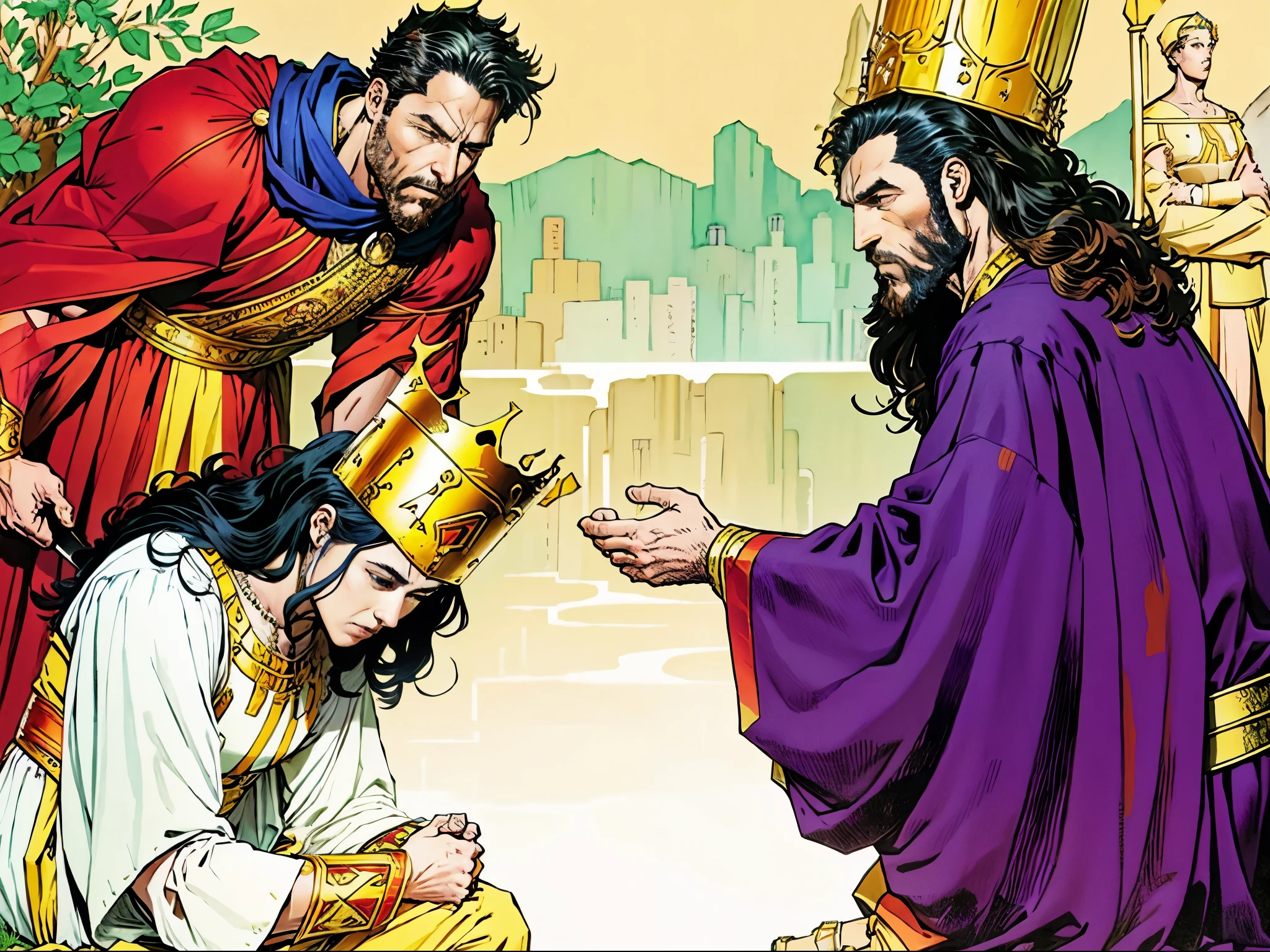 There's a king standing. There is a woman kneeling. There's a man kneeling.  Biblical costumes. Biblical setting. biblical style. Estilo historia em quadrinhos. Estilo anime.