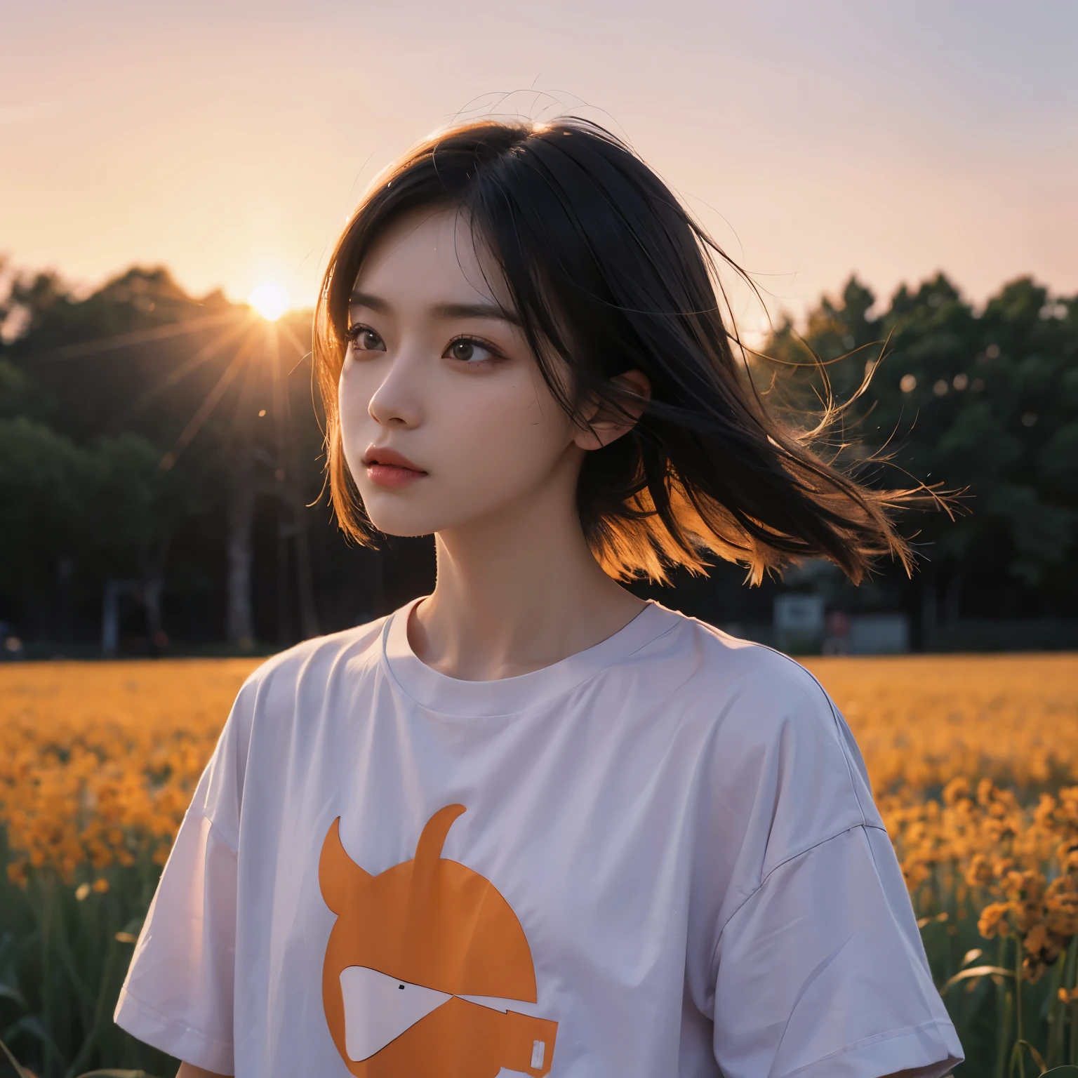 Masterpiece, best quality, {best quality}, {{masterpiece}}, {highres}, {{{field field}}, extremely detailed couple, illustration, couple, 1boy, 1girl, couple, love, love, romantic, sharp focus, male focus, female focus, black hair, violet eyes, sun, sunlight, lifting, surprised, envy, orange sky, t-shirts, men's leisure clothes, expressionless, women's fashion  