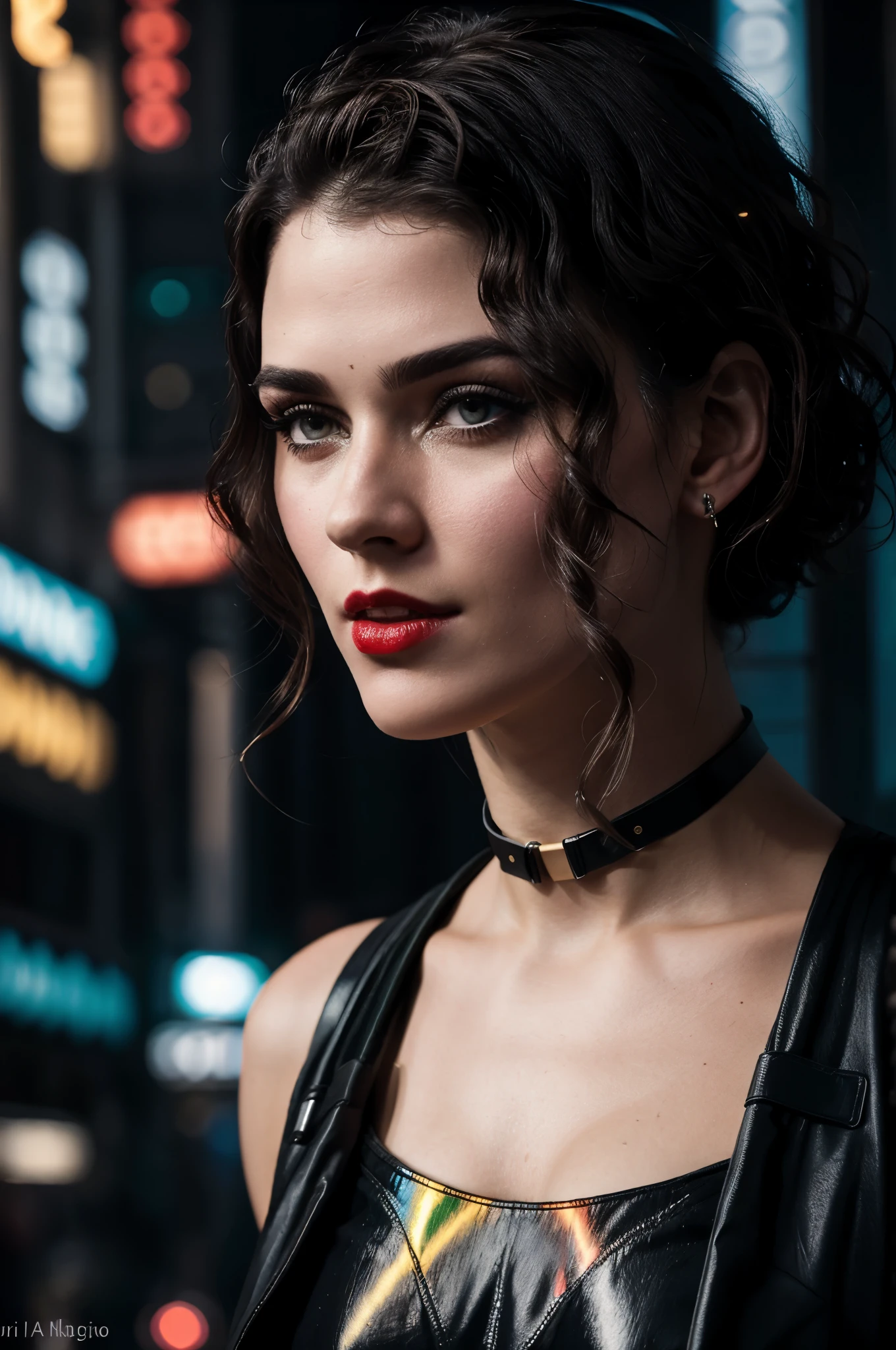 Close-up, neve, blade runner aesthetics, cena de blade runner, uma supermodelo muito bonita, louro, com quadris muito largos e cintura estreita, full lips, cintura pequena e quadris grandes, Red lipstick, com roupas cyberpunk em uma cidade cyberpunk movimentada com placas de neon, neon lights, sharp focus, Studio photo, detalhes intrincados, altamente detalhado, profundidade de campo, sharp focus, High detail, textura de pele realista, Realistic, fotorrealista, Arte Digital, tinta escura, Directed by: Greg Rutkowski