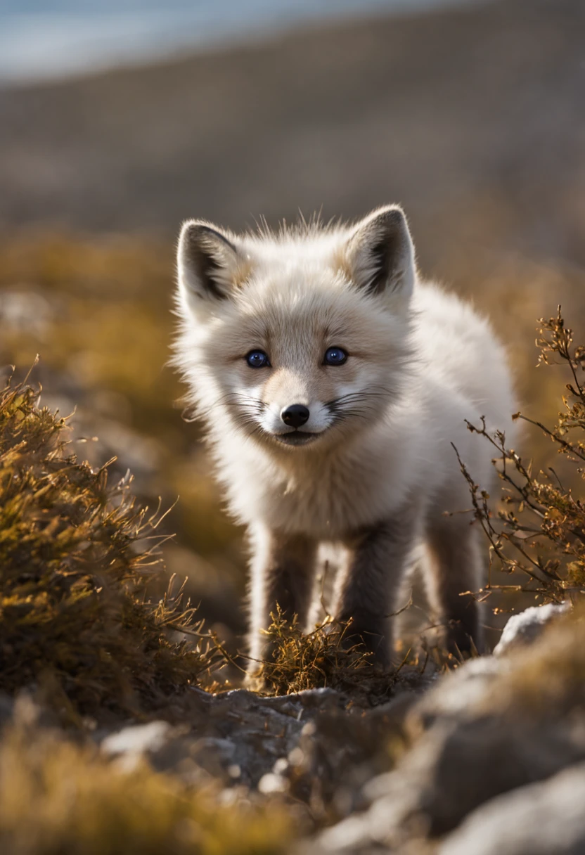 📷 An arctic fox pup playing in the tundra, medium: hyper-realistic photography, style: reminiscent of the intimate animal portraits of Art Wolfe. Lighting: soft natural light and deep shadows. Colors: white, grey, brown fur amidst muted tundra hues. Composition: Canon EOS-1D X Mark II, EF 100-400mm f/4.5-5.6L IS II USM lens. f/5.6 aperture, 1/500s shutter speed, ISO 400. The scene captures the fox pup's curiosity and playfulness, set against a detailed tundra background, aesthetic