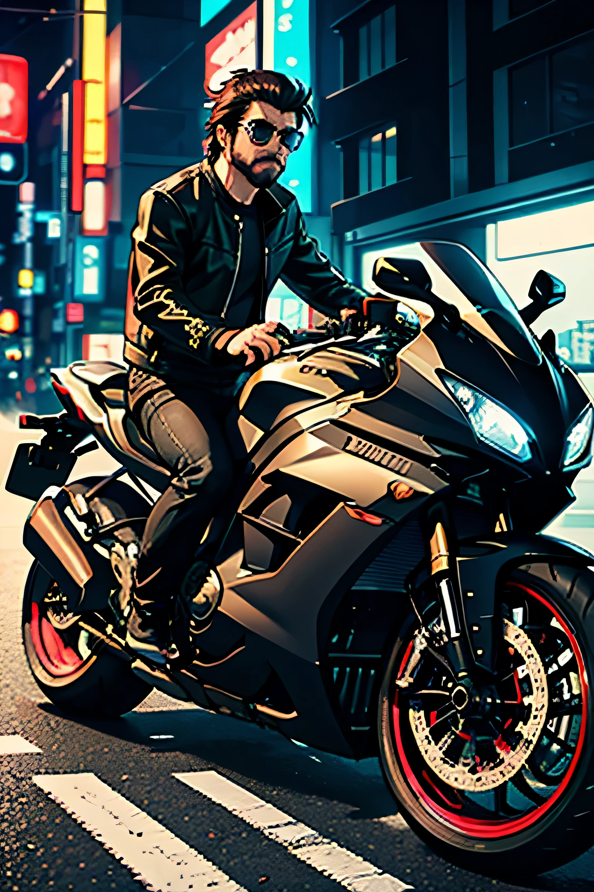 estilo grand theft auto, Bicicleta esportiva com piloto, Vista lateral, oculos de sol, cabelo e barba curta com estilo, Tokyo street with neon lights, ambiente de grande escala, Rich in technological details, retroonda, Desenhos fotorrealistas
