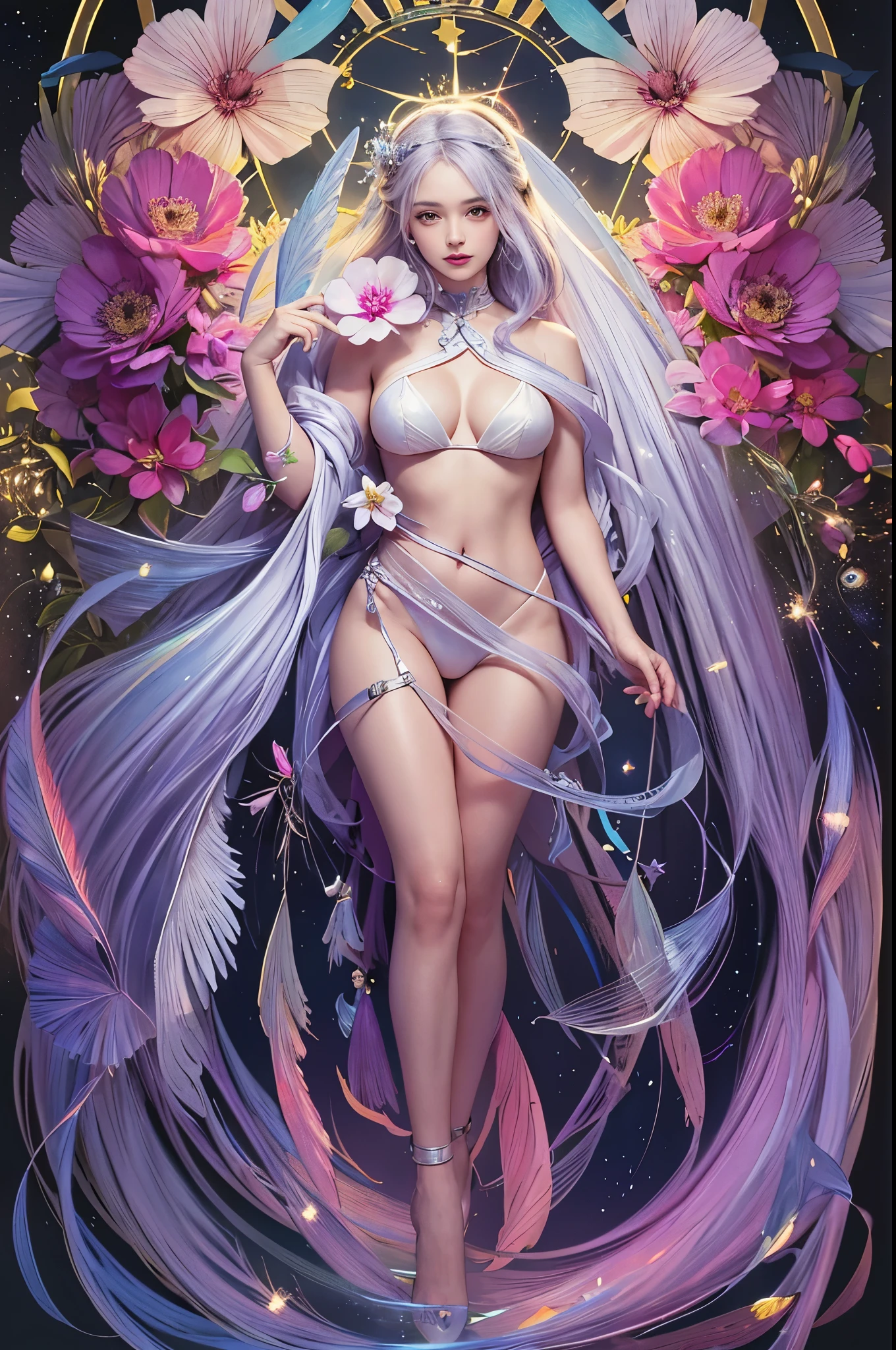 a goddess, A glorious sunrise, aura, glow, multi-colored bright aurora borealis, Spectrum Rainbow,Colored Angel Wings, feathers, In a chic, lavender white mint hair, pastel, mixed-language_SMS, (beautiful and clear background:1.2),, fantastic paintings , olhos altamente detalhados, crystals, outer space, galaxy, Gorgeous hair, Background Flora Peony, poppy, hydrangea, Plants. Loving. Love. ultra detailed hair, Best Quality, hig quality, highly resolution, detail enhancement, ((most beautiful image in the world)), Masterpiece, Best Quality, High Quality Detail Enhancement, ((most beautiful image ), Shiny hair, ultra chic bikini, Stampa Flores, art by stjepan sejic, art by j scott campbell, art by guillem march, art by citemer liu, 4k, highly resolution, comic book character, comic, high quality detailed, style of ::2.0 comix illustration style,tatoon style, hig quality, highly resolution, detail enhancement, 8K, HD, Best Quality, hig quality, highly resolution, detail enhancement, 8K, HDR, Sharp focus, Ultra Detailed, perfect illumination, Curvy Body, Lush breasts, Curvy hips, Sits, sparks, Stars, The Cycle of the Stars