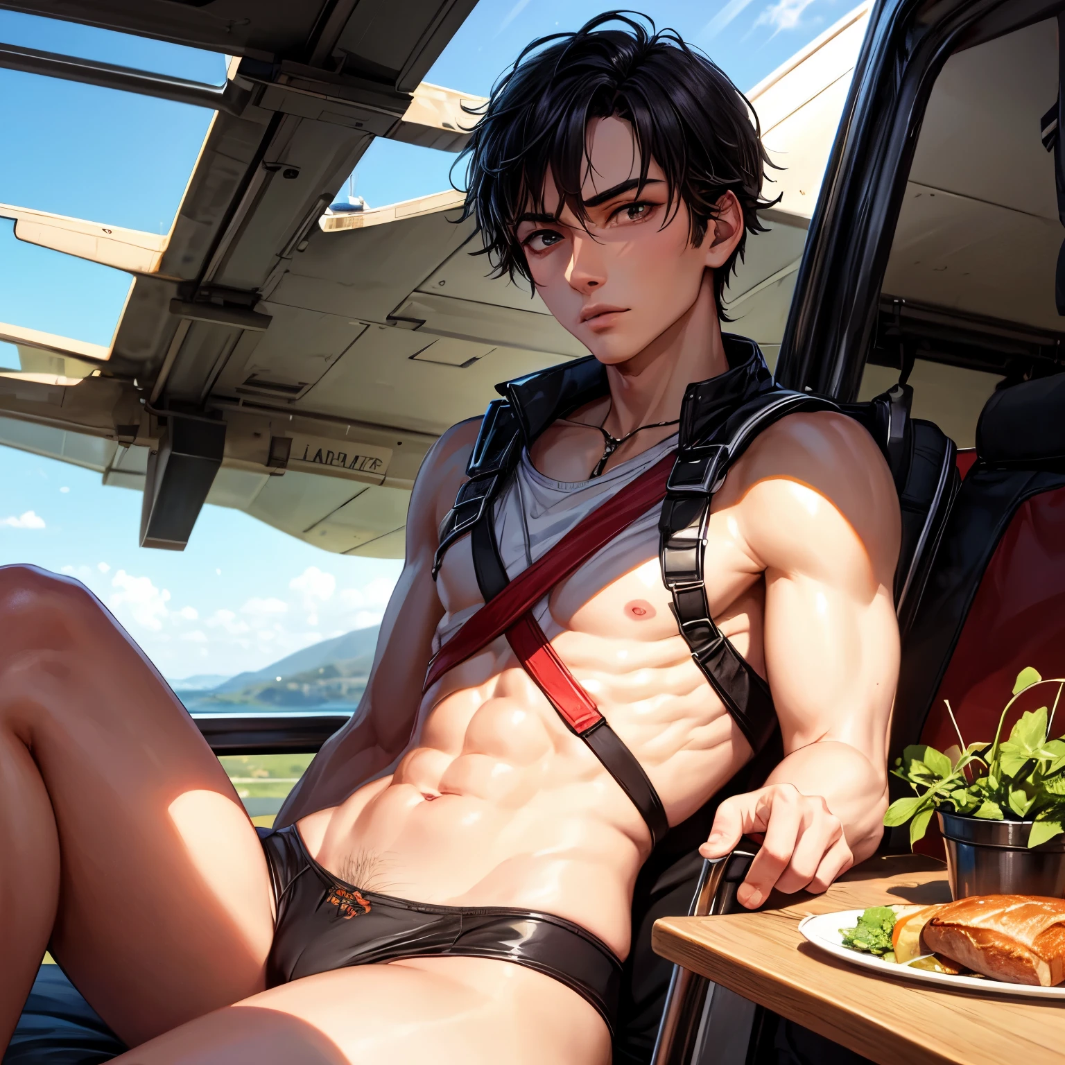 A painting art of 27-year-old handsome man. He's a pilot and have bushy eyebrows.