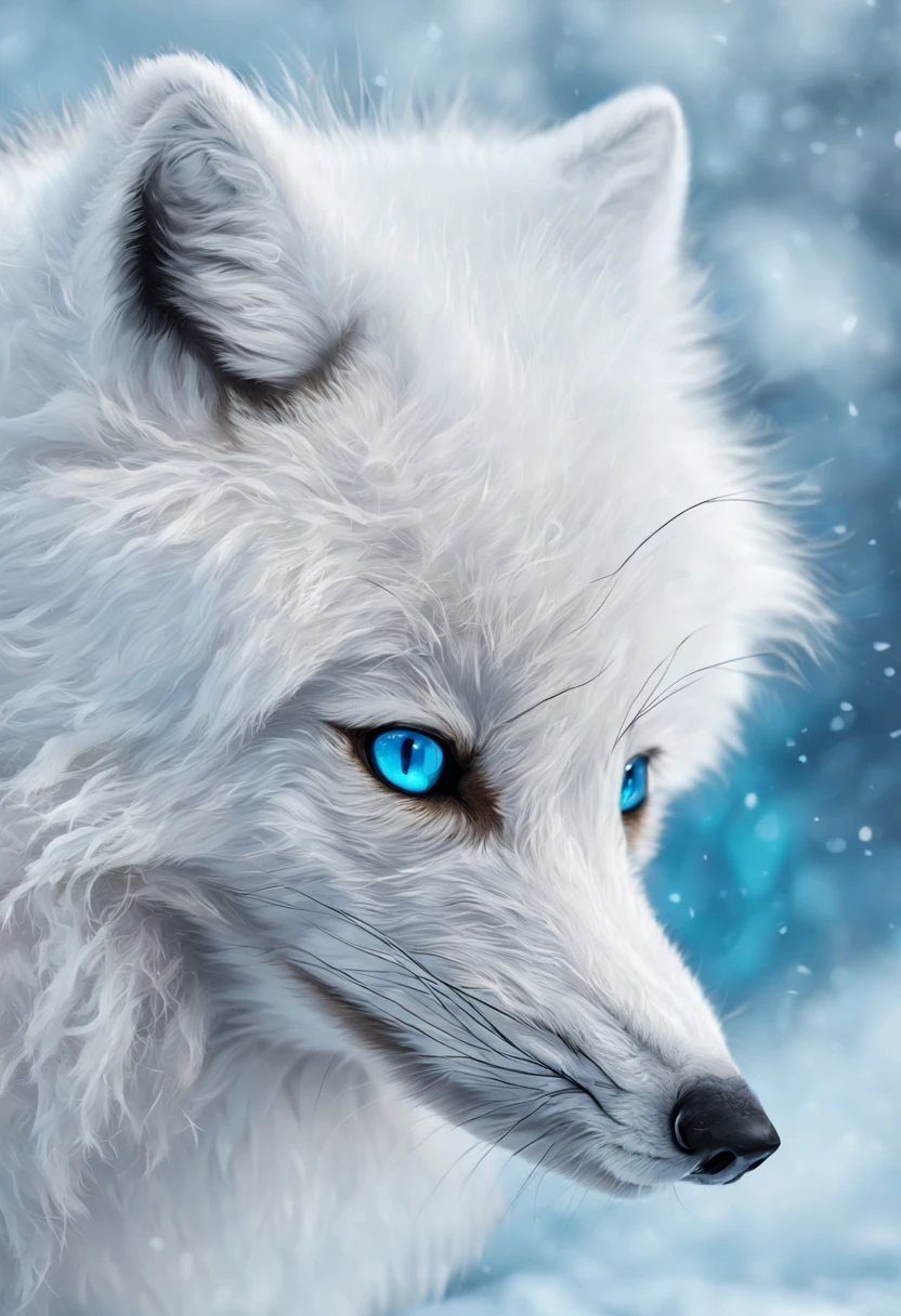 A beautiful arctic fox with white fur and thick tail in a snowy arctic environment, staring curiously with bright blue eyes, fluffy fur blowing in the wind, highly detailed arctic fox, digital art, aesthetic
