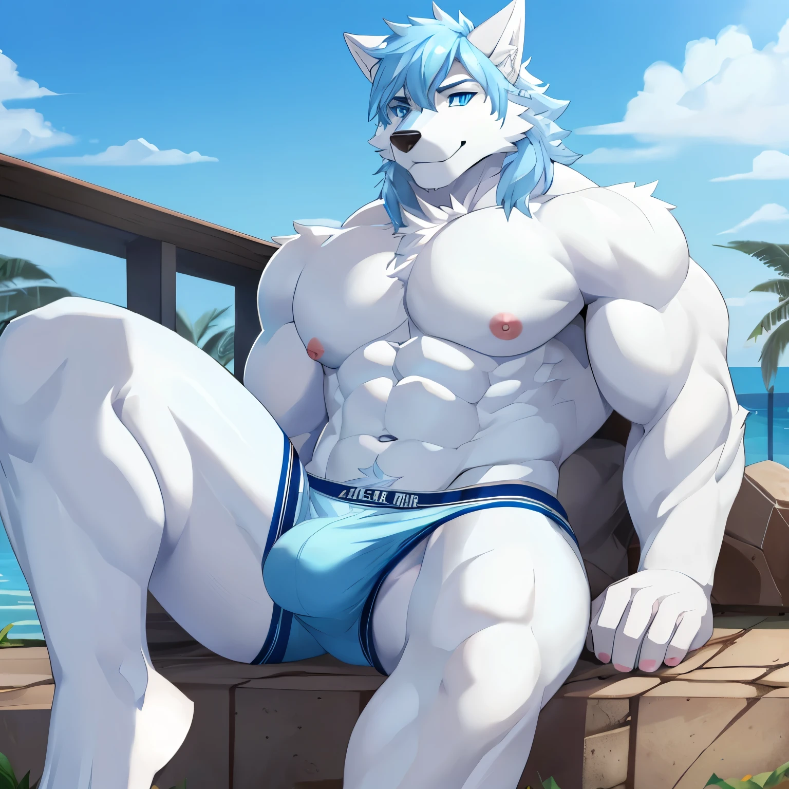 alone, Handsome, light blue white wolf,muscle,Light blue hair, sky blue eyes，white briefs，Bare lower body，Pink nipples，Briefs fall off，nipple nails