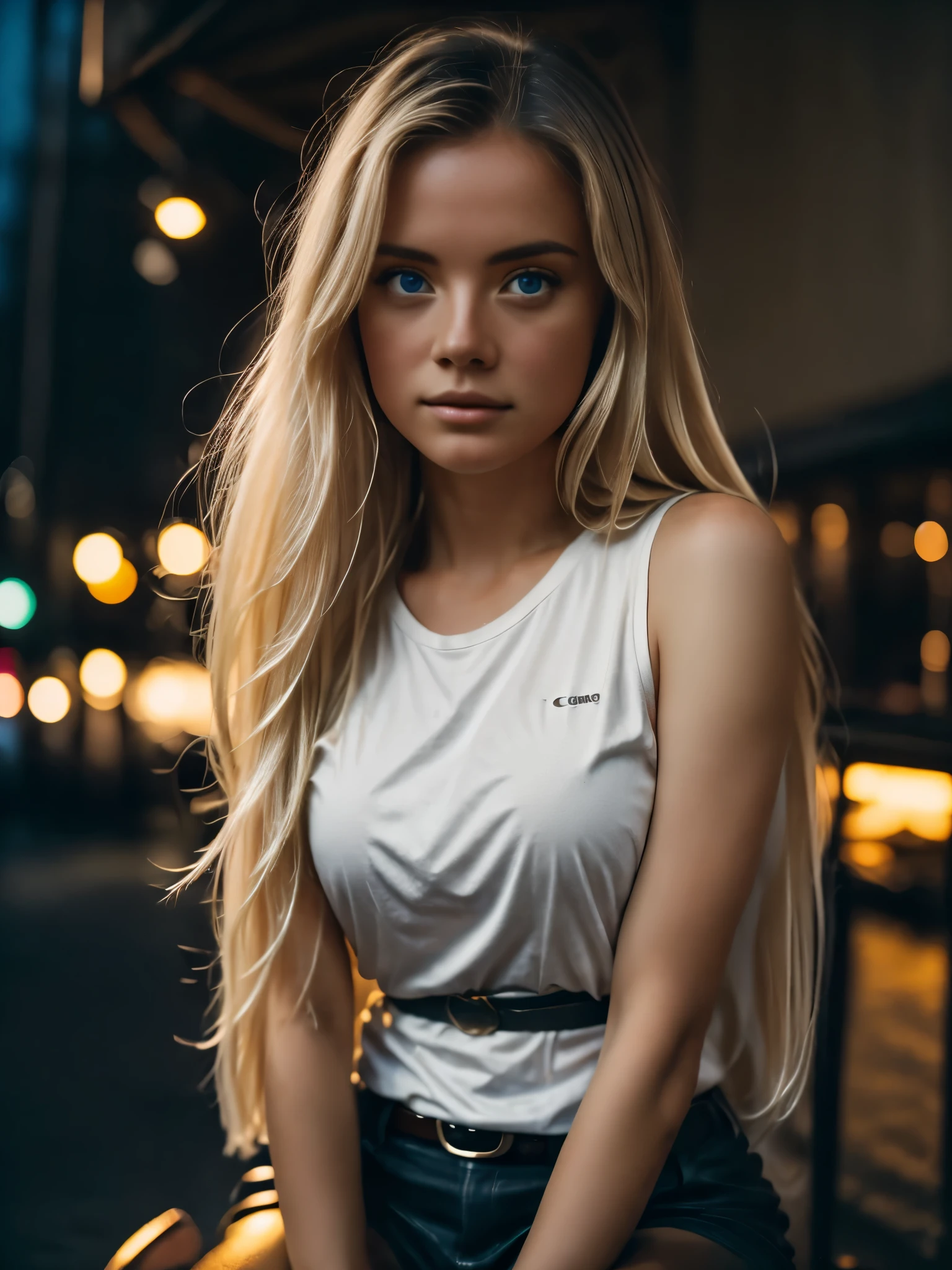 Summer77, beautiful woman, long straight blonde hair, wearing a white t-shirt without print, wearing leather belt, front view (sitting inside a modern restaurant at night),very detailed, 23 years, natural wave hair, blue eyes, high-res, masterpiece, best quality, intricate details, highly detailed, sharp focus, detailed skin, realistic skin texture, texture, detailed eyes,  professional, 4k, Canon shooting, 85mm, shallow depth of field, kodak color vision, perfect fit body, extremely detailed, photo_\(ultra\), photorealistic, realistic, post-processing, maximum detail, roughness, real life, ultra realistic, photorealism, photography, 8k uhd, photography (grain of film) medium shot for closeup shot atmospheric dark lighting