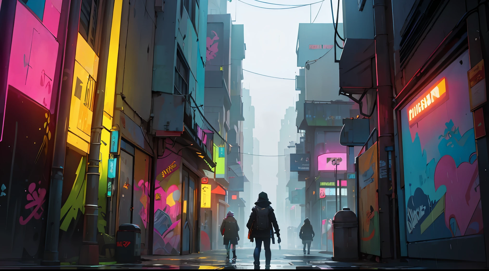 Illustration de tendance，en style graffiti，vibrant de couleurs，Superbe collection，Converger vers le centre，urban buildings，porter du cyberpunk, rain, dystopia, poor