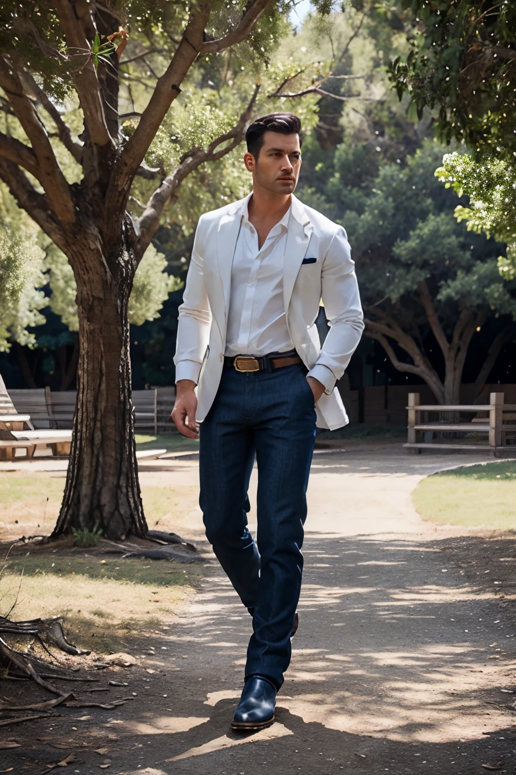 man with navy blue suit, white shirt, blue jean pants, rancher western boots, full body, landscape trees background