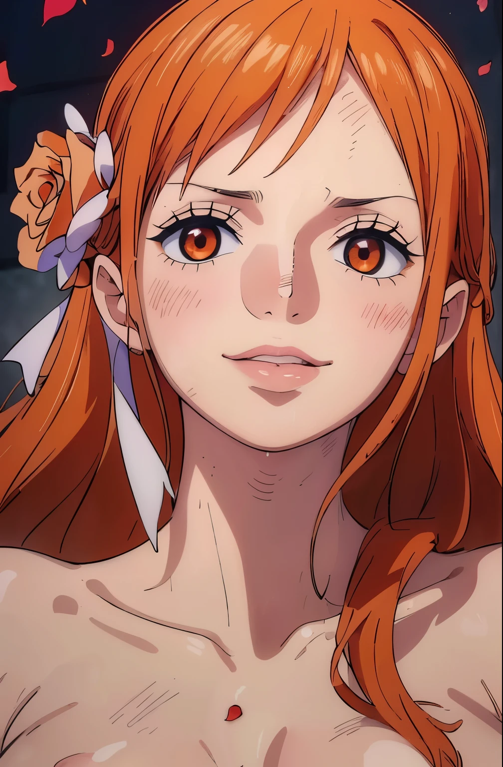 best quality, masterpiece, highly detailed,2girls, ((rose)), (vine), cage, bandage, red rope, (detail light), falling rose petals, Nami, (nsfw:1.6), (masterpiece:1.5), Detailed Photo, Smiling, Sexy, (8K, Photorealistic, Best Quality: 1.4), (1girl), Beautiful Face, (anime realistic Face), (Orange Hair, long Hair: 1.3), Beautiful Hairstyle, Realistic eyes, beautiful detail eyes, (realistic skin), beautiful skin, (sweater), absurd, attractive, ultra high resolution, ultra realistic, high definition, golden ratio, (sexually aroused:1.5), (kissing you:1.5), sexy pose, upper body, (having sex:1.4), (twin:1.2)