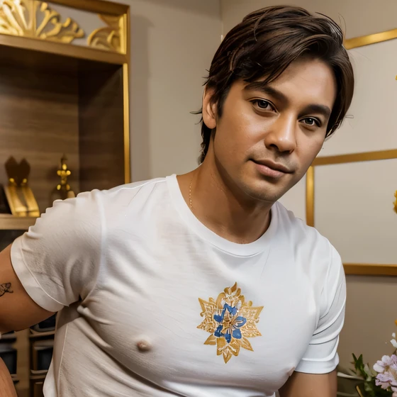 A handsome 41-year-old boy is wearing a white t-shirt. THAN TUN is written on the boy's chest. The bottom of the letter is decorated with flowers. The background is the background of the gold shop.