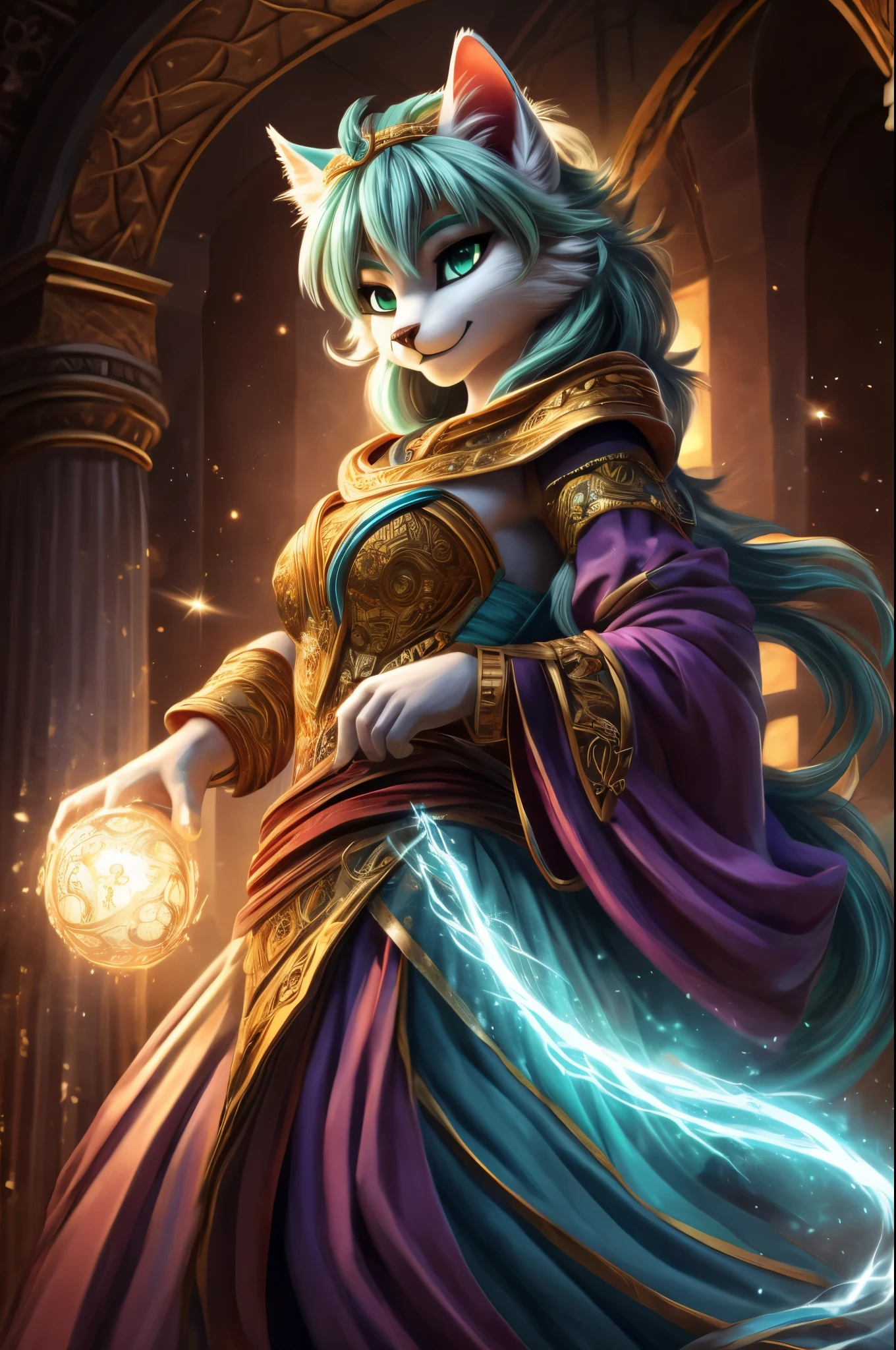 estilo anime, Lyra is a cat woman with a lithe and agile build., con una apariencia elegante y misteriosa que refleja su naturaleza como hechicera. Its body is covered in mottled fur that shines with silver reflections in the light., and her long fluffy tail swings gracefully behind her as she moves.

Their facial features are a unique mix of human and feline.: Has a small, spinning nose, ojos grandes y almendrados de color verde esmeralda que destellan con inteligencia y magia, y orejas puntiagudas de gato que sobresalen de su cabello largo y oscuro. His face is adorned with pale blue mystical markings that highlight his connection to the spiritual world and the magic he possesses..

Para su atuendo, Lyra wears elegant, flowy robes that flow around her as she moves., with intricate details and magical embroidery that shine with a soft glow. Wear mystical accessories, como brazaletes y collares, that are embedded with magical gems and arcane symbols that enhance their power.

In terms of facial expression, Lyra tiene una mirada penetrante y calculadora, with an enigmatic smile that reveals his confidence in his magical abilities and his knowledge of the hidden world.