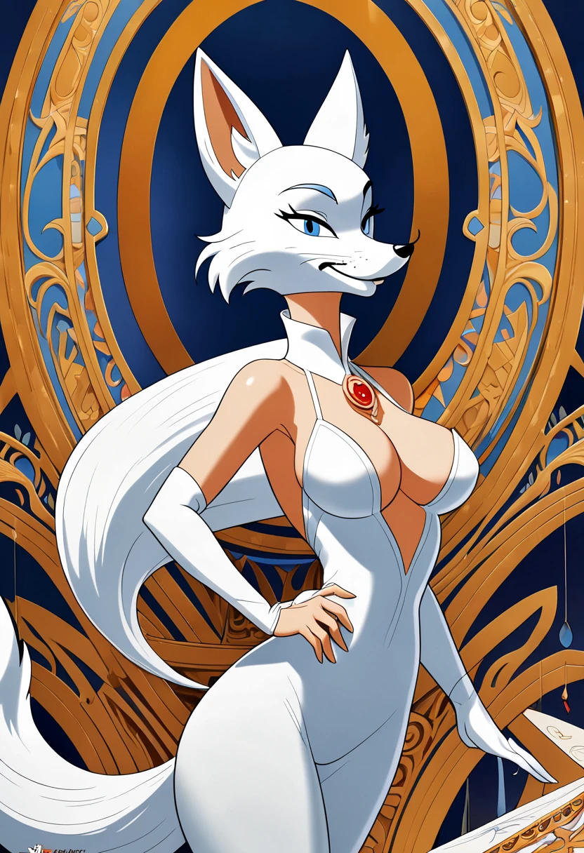 by Tex Avery, white fox, (best quality, masterpiece, Representative work, official art, Professional, Ultra intricate detailed, 8k:1.3)