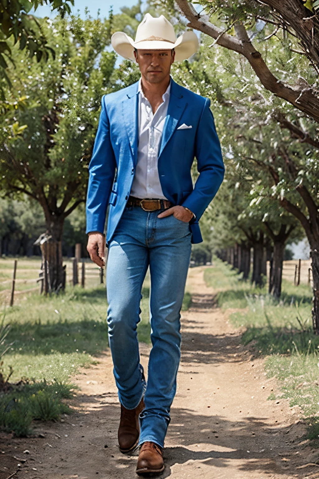 man with blue suit, white shirt, blue jean pants,rancher western boots, full body, landscape trees background