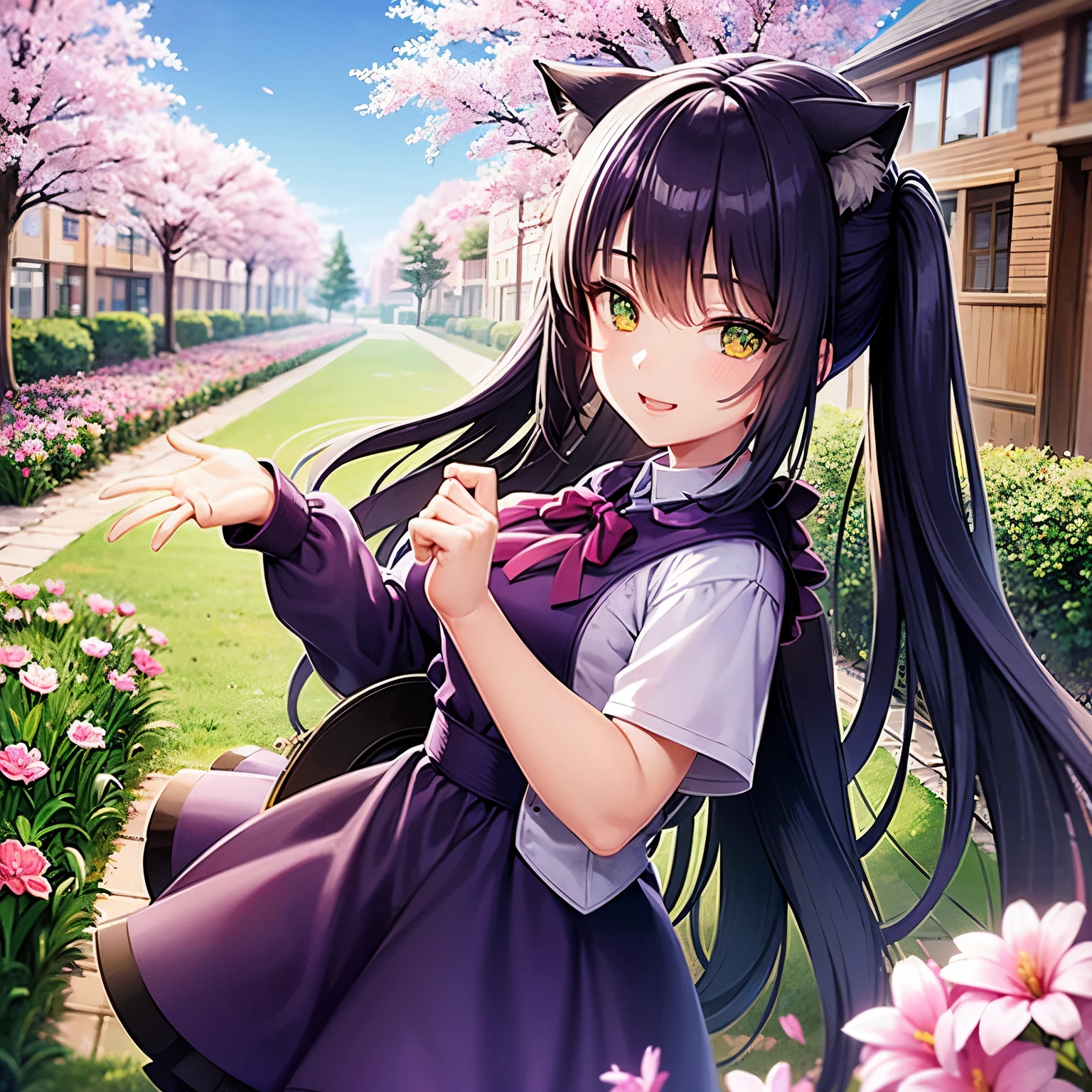 Beautiful woman with green eyes, violet hair smiling, fully clothed in a spring dress, cat ears, cyber, blooming spring flowers and blue skies in the background, flying petals, happy