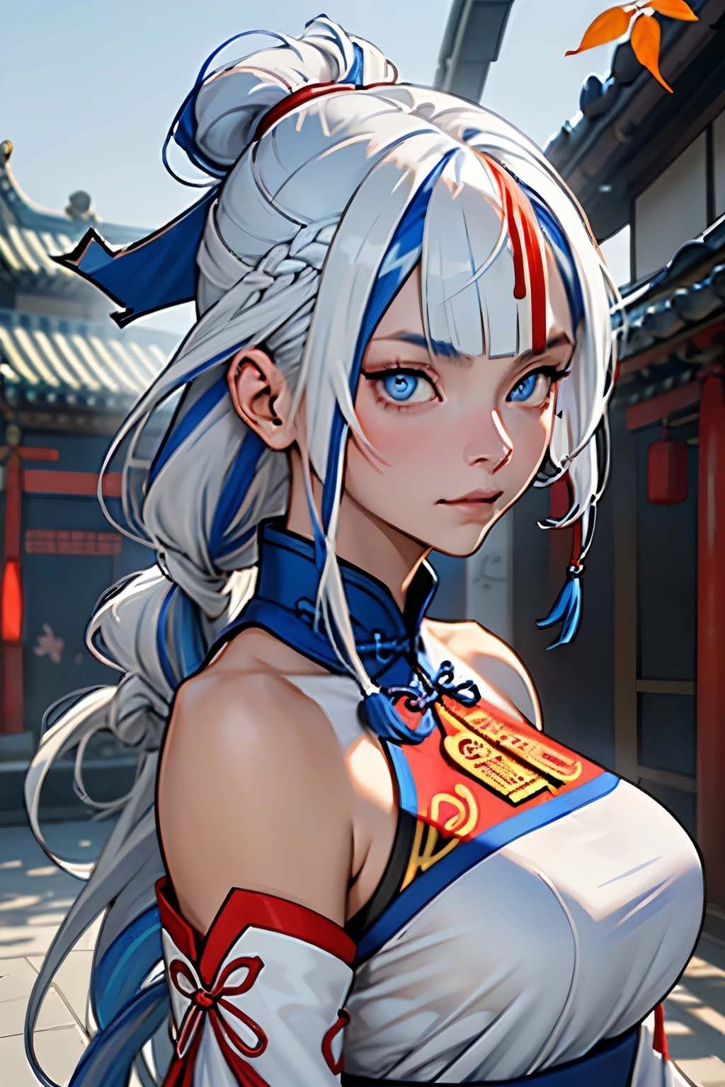One girl, blue eyes, white hair, (((blue-streaked white hair))), french braids, delicate and flexible eyes, sorceress attire, FOV, f/1.8, masterpiece, feudal japan architecture background, blue sky, falling leaves, front portrait shot, face focus, 8K, (((bare shoulders))), front bangs, (((asymmetrical hair))), knight lady, (((female Traditional Chinese priestess blue attire))), looking at viewers, (((big breasts))), (((untied hair))), (((detached sleeves))), (patterned breastplate), (patterned breast armor), from front, face photoshot Genshin Impact