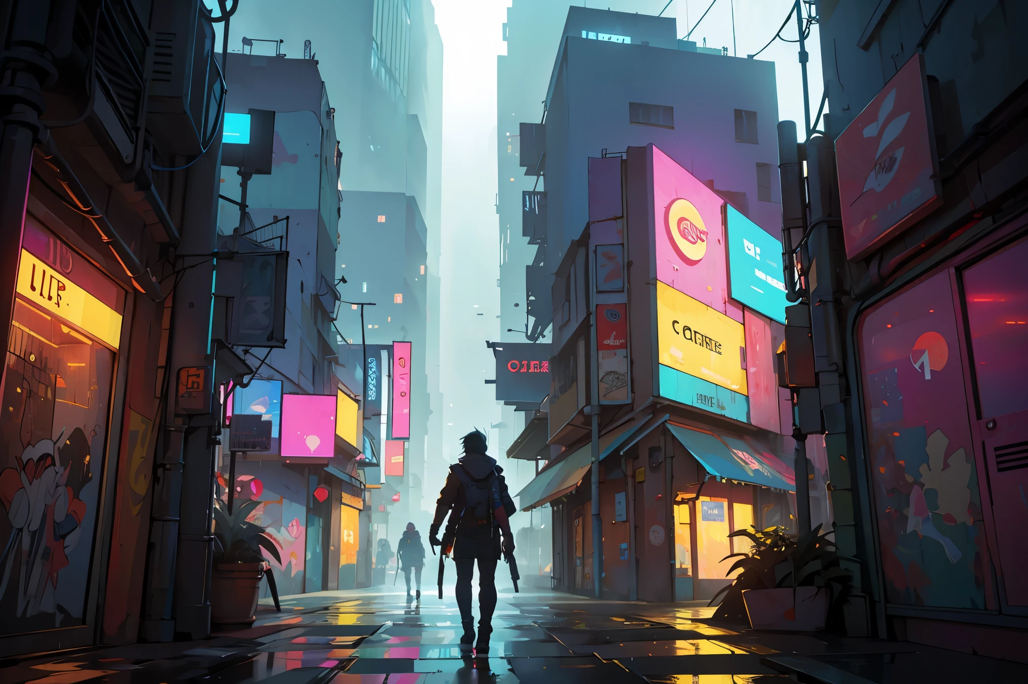 Illustration de tendance,en style graffiti,vibrant de couleurs,Superbe collection,Converger vers le centre,urban buildings,porter du cyberpunk, rain, dystopia, poor, night