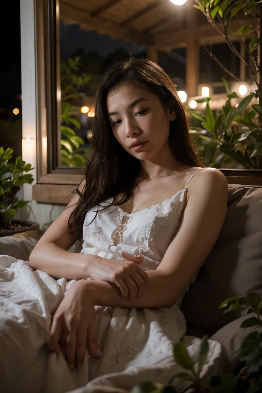 Realistic view photo from inside an aesthetic bedroom, a woman is sleeping, the woman has an Asian face, garden background, night and rain, ultra HD, 8k, super detailed