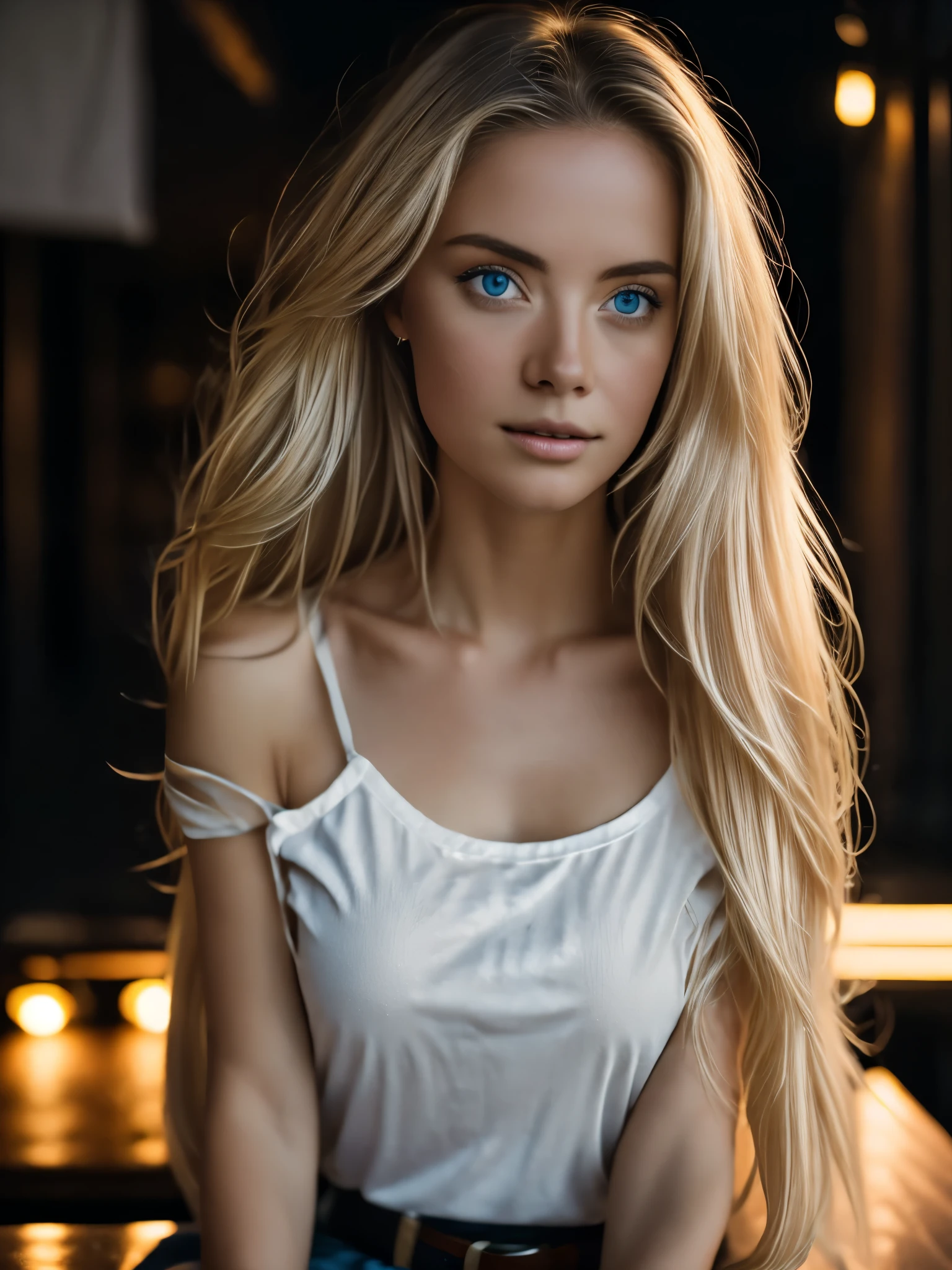 Summer77, beautiful woman, long straight blonde hair, wearing a white t-shirt without print, wearing leather belt, front view (sitting inside a modern restaurant at night),very detailed, 23 years, natural wave hair, blue eyes, high-res, masterpiece, best quality, intricate details, highly detailed, sharp focus, detailed skin, realistic skin texture, texture, detailed eyes,  professional, 4k, Canon shooting, 85mm, shallow depth of field, kodak color vision, perfect fit body, extremely detailed, photo_\(ultra\), photorealistic, realistic, post-processing, maximum detail, roughness, real life, ultra realistic, photorealism, photography, 8k uhd, photography (grain of film) medium shot for closeup shot atmospheric dark lighting