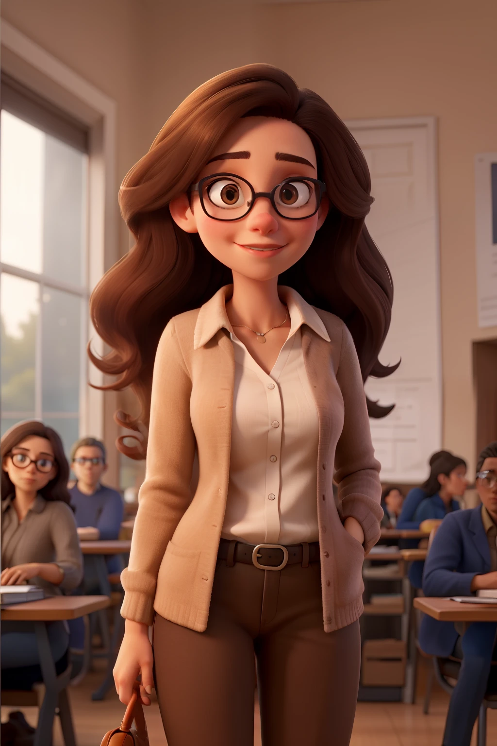 college professor, white woman, long brown hair, big black glasses