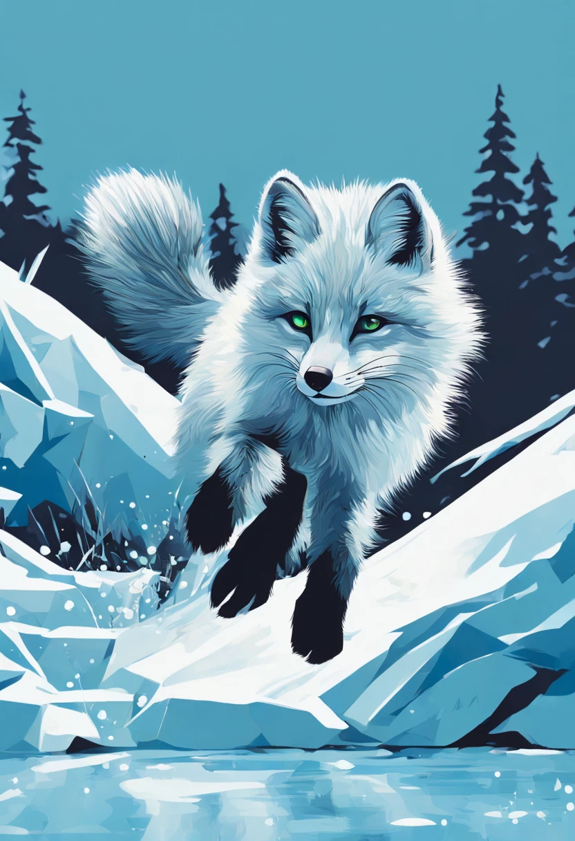 The Arctic Fox's Journey: (masterpiece, best quality, illustration, vibrant:1.2), an agile (arctic fox:1.3) leaping across fragmented ice floes, dynamic splash of icy water, mid-action, bright (sunlight reflecting:1.1) off glistening snow, (distant mountains:1.1), clear blue sky, a palette of cool blues and whites, sense of movement, the fox's focused (heterochromatic eyes: one blue, one green:1.2), long shadow cast on the frosty ground, intricate fur detail showing adaptation to the environment, mid-pounce, sense of adventure, aesthetic