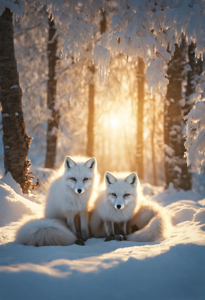 Midnight Sun of the Arctic: (masterpiece, high resolution, digital art, intricate:1.3), a family of (arctic foxes:1.4), huddled together, soft (fluffy tails:1.2), under the midnight sun, surreal polar landscape, (warm golden light:1.1) despite the cold surroundings, contrast of the warm sun against the cool blue shadows on the snow, detailed texture of fox fur intermingled as they cuddle for warmth, peaceful slumber, backdrop of towering ice formations, delicate icicles, pristine snowflakes on the foxes' snouts, a scene of tranquility and survival, aesthetic