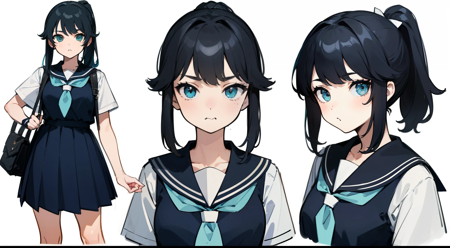 ((masterpiece, Highestquality)), detailed face, character sheet, whole body, full of details, Multiple poses and expressions, very detailed, depth, many parts, 1 girl, school uniform, seifuku, sailor suit, 1 girl,ponytail,black_hair,white_shirt,neckerchief,Aqua blue_eye,cute,Highest_quality,expensive_quality,expensiveres,masterpiece,confronting_viewer,片eyeまばたき,pout