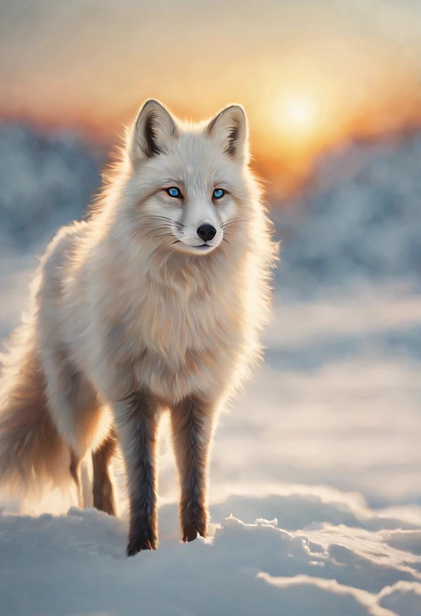 An oil painting of a majestic arctic fox standing on a snowy arctic landscape at sunset. The fox has thick white fur and is looking directly at the viewer with curious blue eyes. Warm light hits its fur creating bright highlights and shadows. Painted in the loose brushstroke style of Albert Bierstadt's landscape paintings, aesthetic