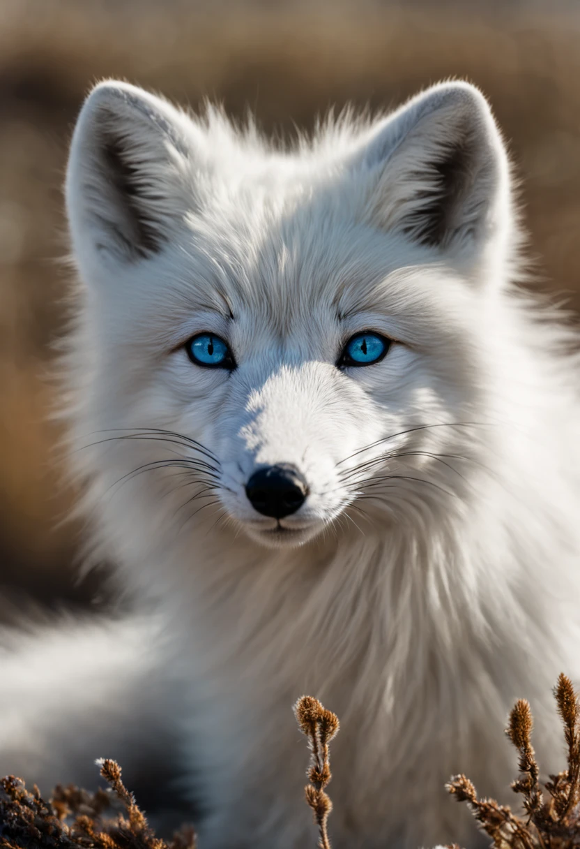 Arctic fox in a snowy tundra, pristine white fur blending with the environment, ice blue eyes, delicate paws leaving soft imprints on freshly fallen snow, Northern Lights (Aurora Borealis) gleaming in the background with hues of green and purple, isolated, serene, by Greg Rutkowski, ultra-realistic fur texture, 4k resolution, digital art, aesthetic