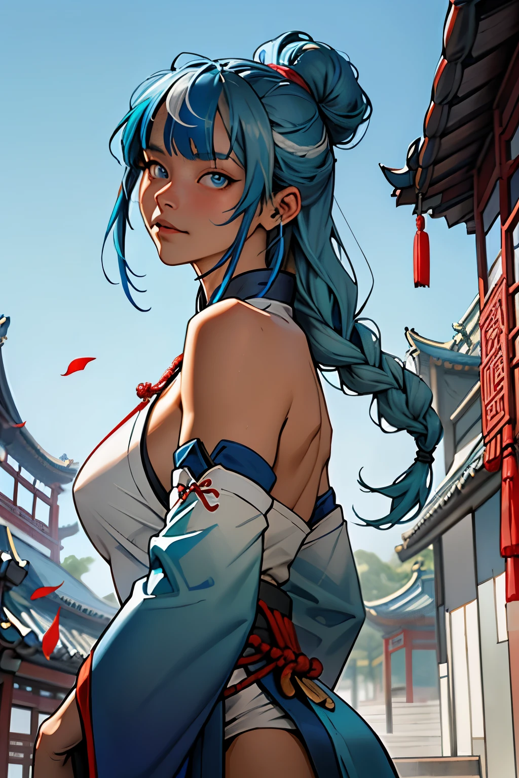 One girl, blue eyes, teal hair, (((blue-streaked teal hair))), french braids, delicate and flexible eyes, sorceress attire, FOV, f/1.8, masterpiece, feudal japan architecture background, blue sky, falling leaves, front portrait shot, face focus, 8K, ((bare shoulders)), (cloak), front bangs, (((asymmetrical hair))), priestess, (((female Traditional Chinese priestess blue attire))), looking at viewers, (((big breasts))), (((untied hair))), (((detached sleeves))),  from front, face photoshot  Genshin Impact