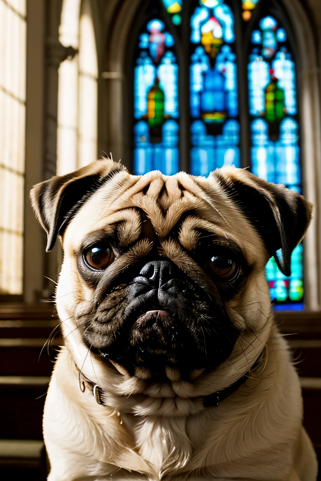 Un adorable pug de pelaje canela, con ojos grandes y expresivos, se encuentra en medio de una pintoresca iglesia de piedra. Natural light filters through the stained glass windows, creando un ambiente suave y sereno. El pug, con su cabeza ligeramente inclinada y curiosa, parece fascinado por el entorno sagrado que lo rodea. Con su pelaje suave y detallado, each hair is distinguished in this hyper-detailed photograph. Sharp focus highlights the peculiar wrinkles and features of the pug&#39;s face, making it look almost trid